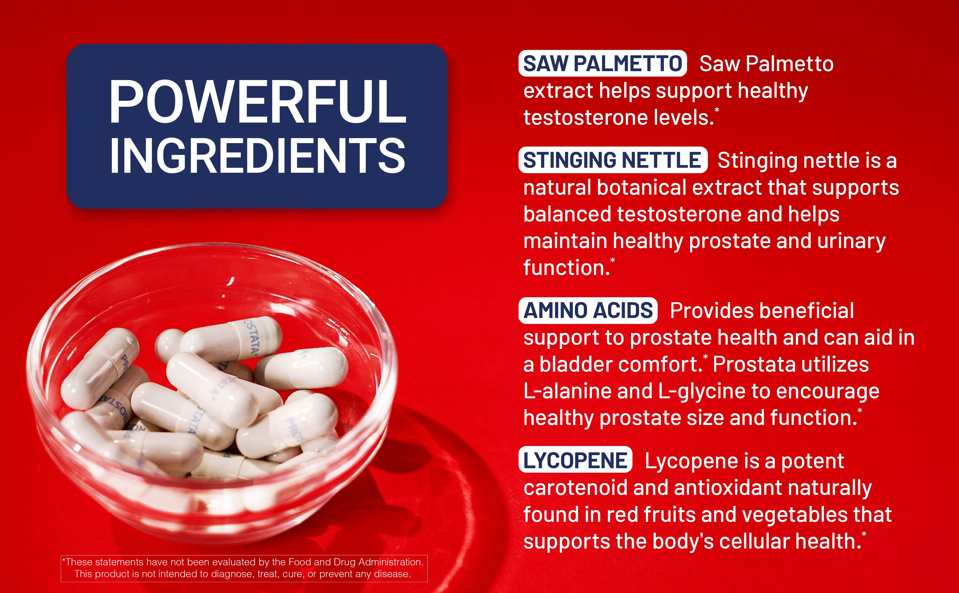 U.S. Doctors' Clinical Prostata capsules in a bowl with ingredients listed on a red background