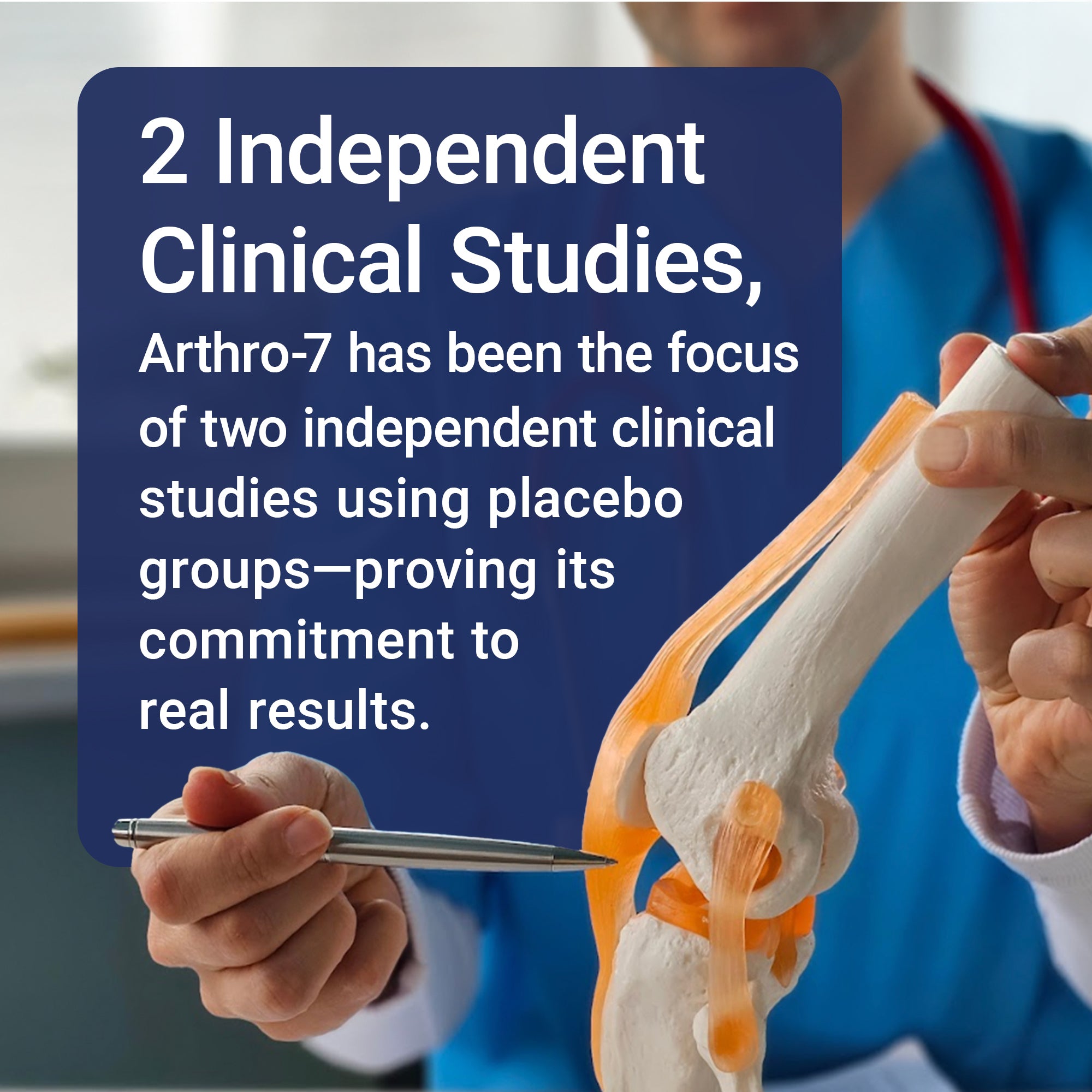 Person holding a medical model with text about Arthro-7 clinical studies