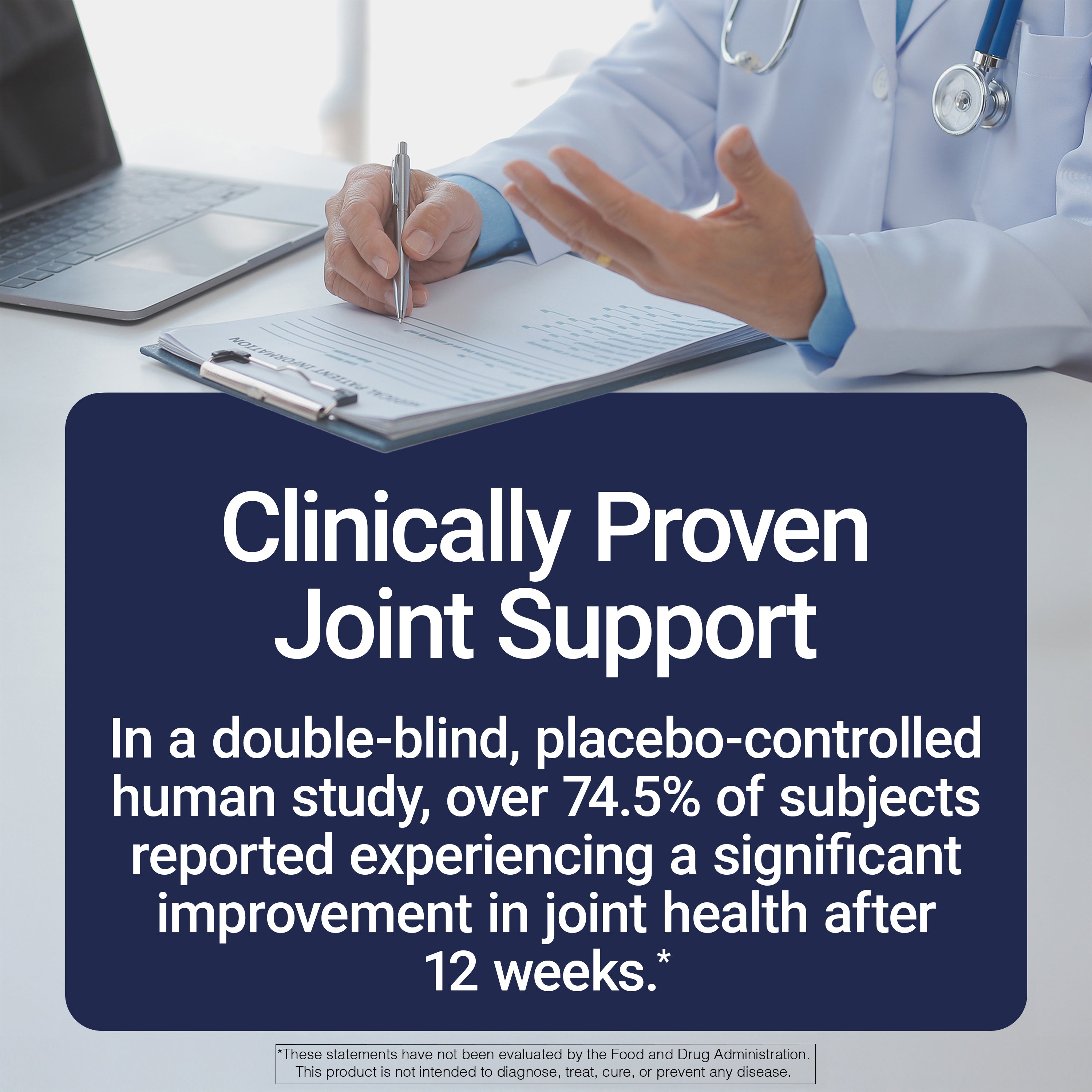 Doctor in a white coat with a stethoscope, holding a pen and clipboard, with text about clinically proven joint support.
