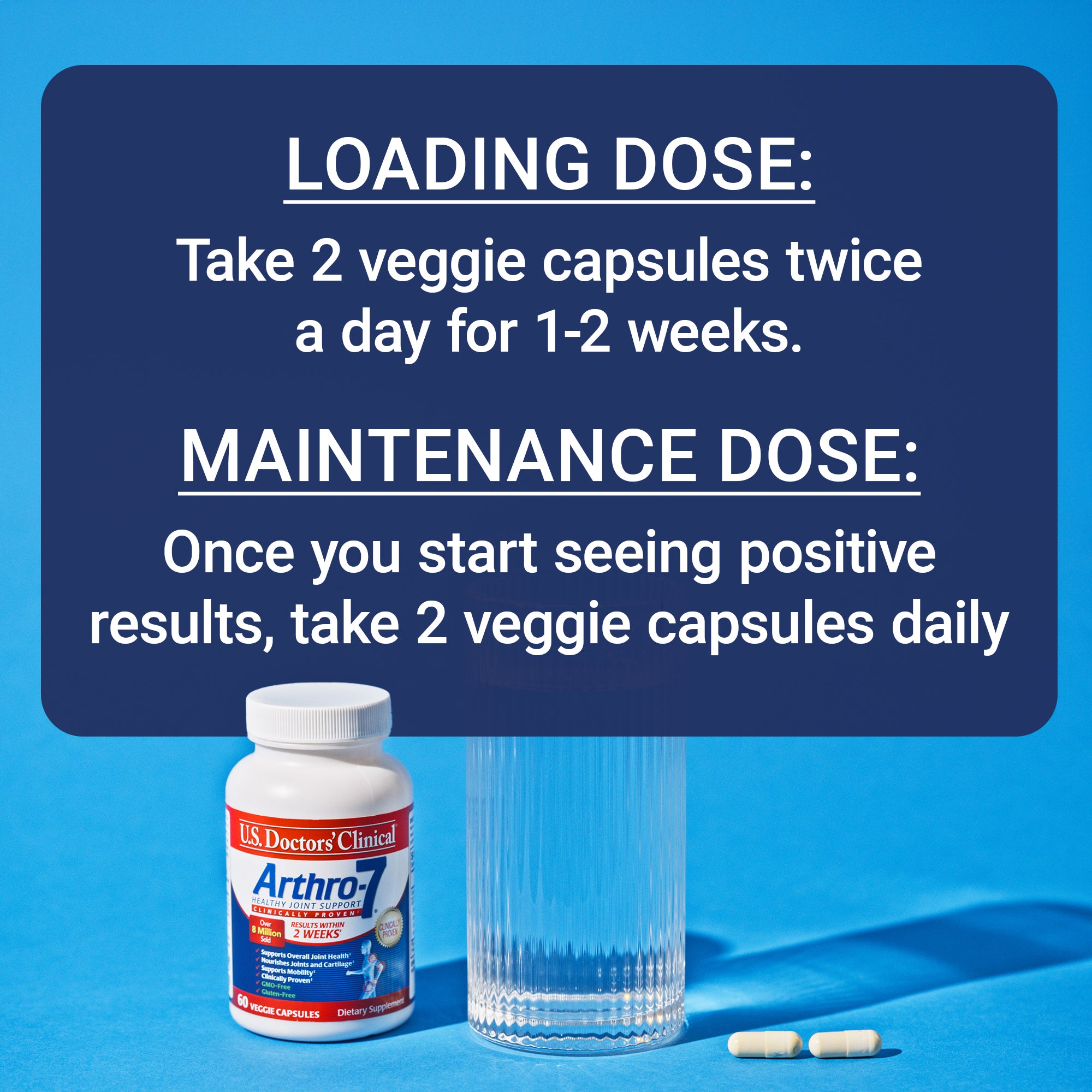 U.S. Doctors' Clinical Arthro-7 supplement bottle with capsules and a glass on a blue background with text about the loading and maintenance dose.
