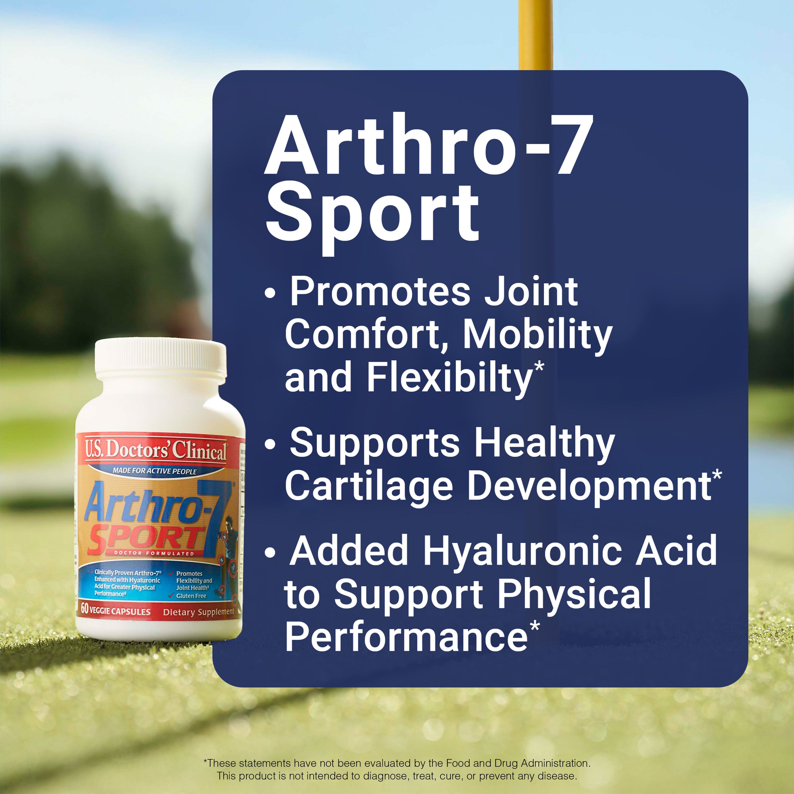 Arthro-7 Sport supplement bottle with promotional text on a blurred sports field background