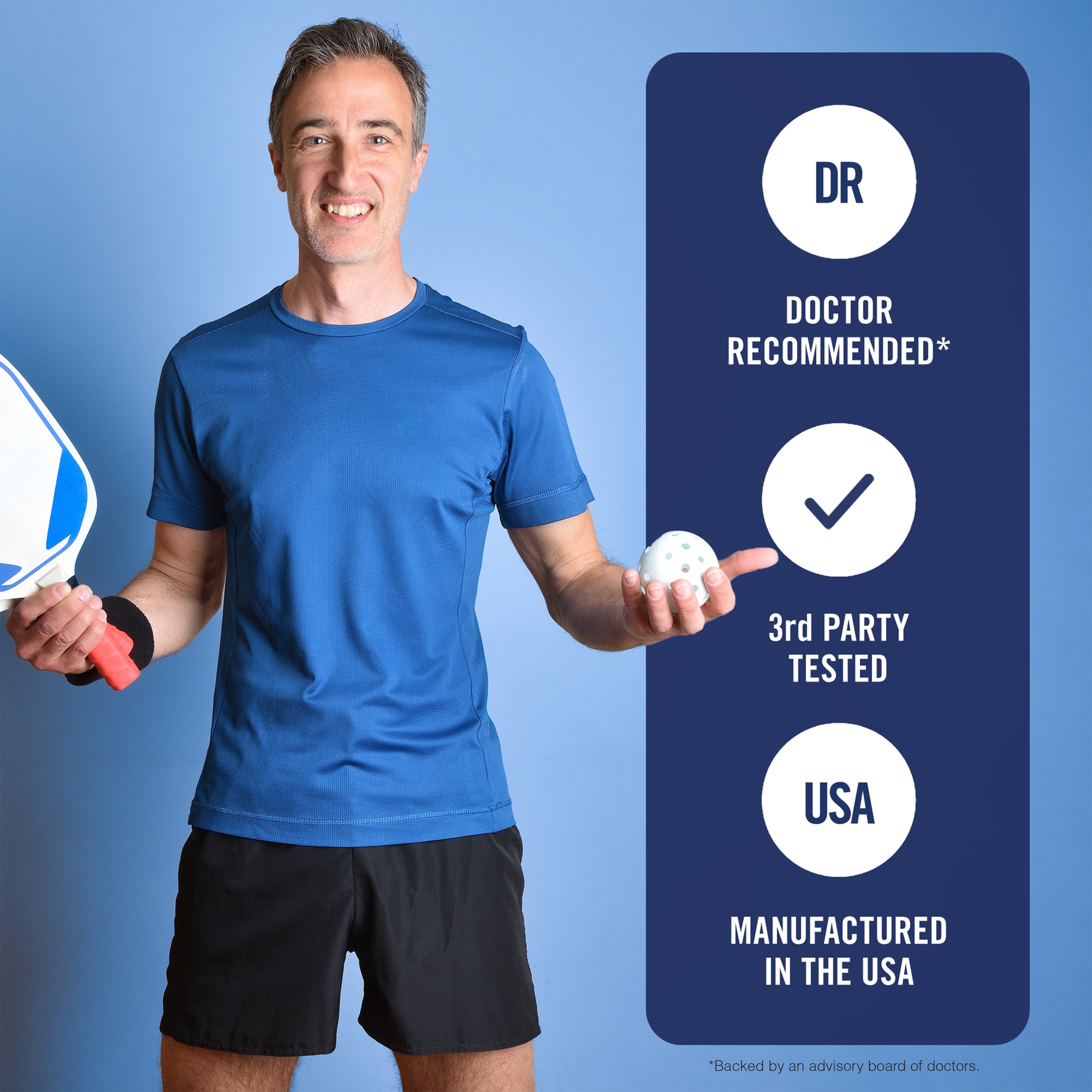 Man holding a paddle and ball with certification badges on a blue background
