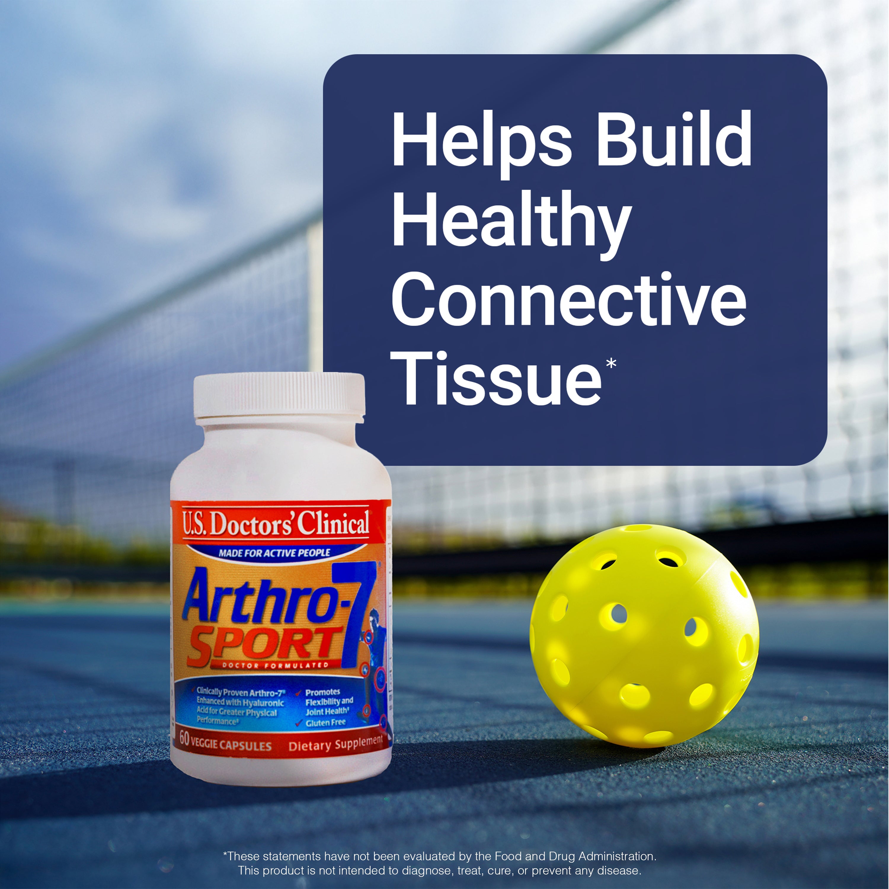 Arthro-7 Sport joint supplement bottle with a pickleball on a tennis court background with promotional text