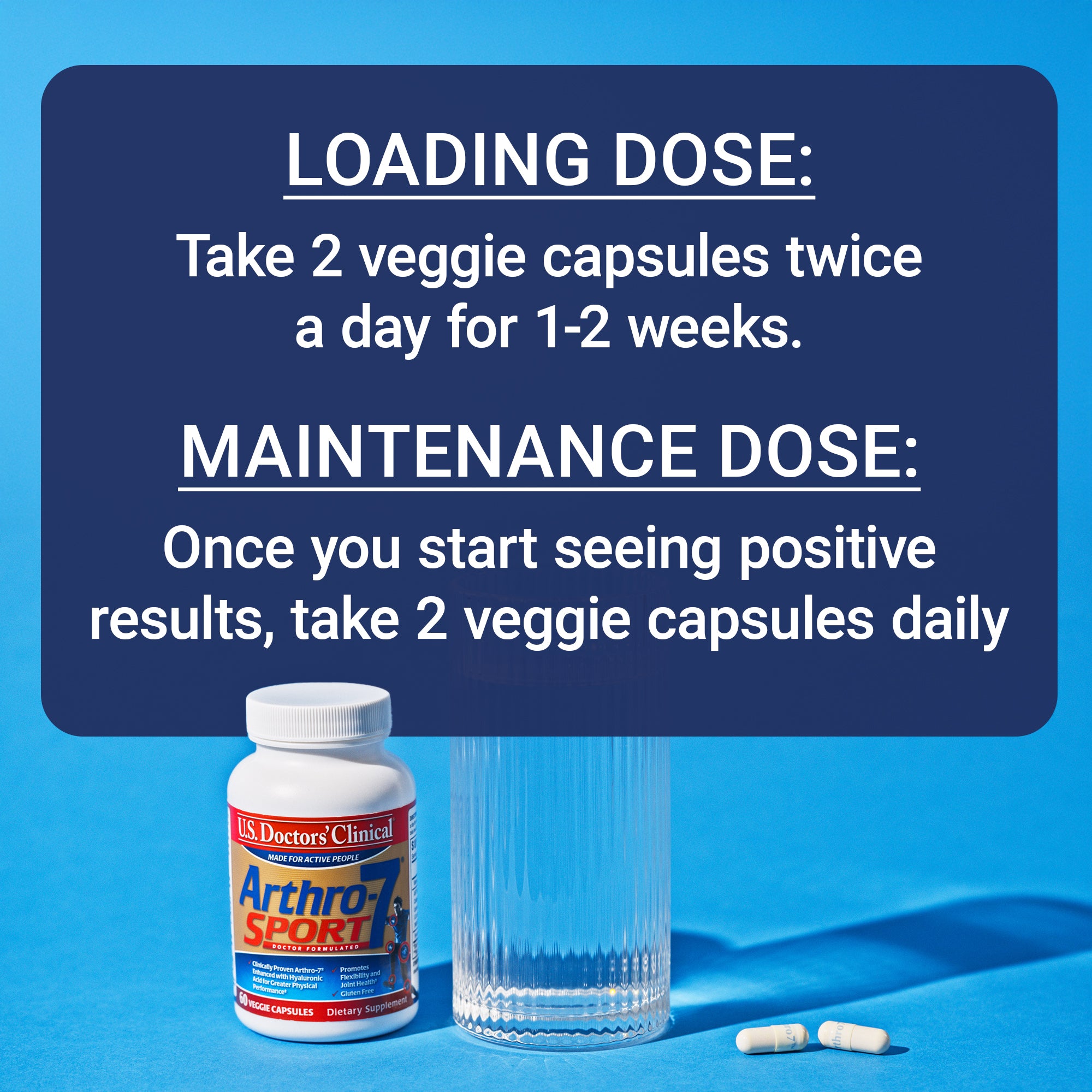 US Doctor's Clinical Arthro7 Sport joint supplement bottle with capsules and a glass on a blue background with text indicating the loading and maintenance dose.