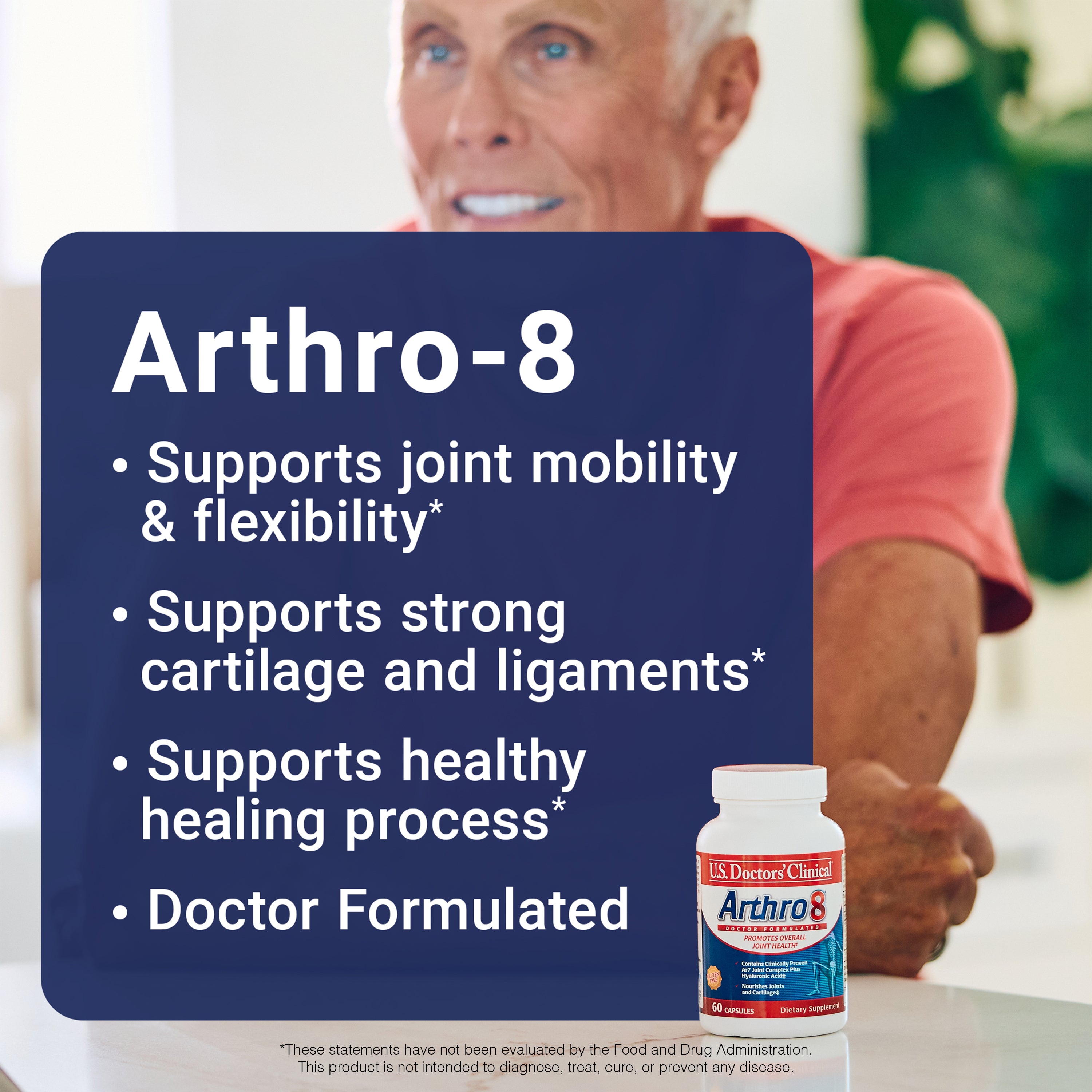 Advertisement for Arthro-8 joint supplement with a man in the background