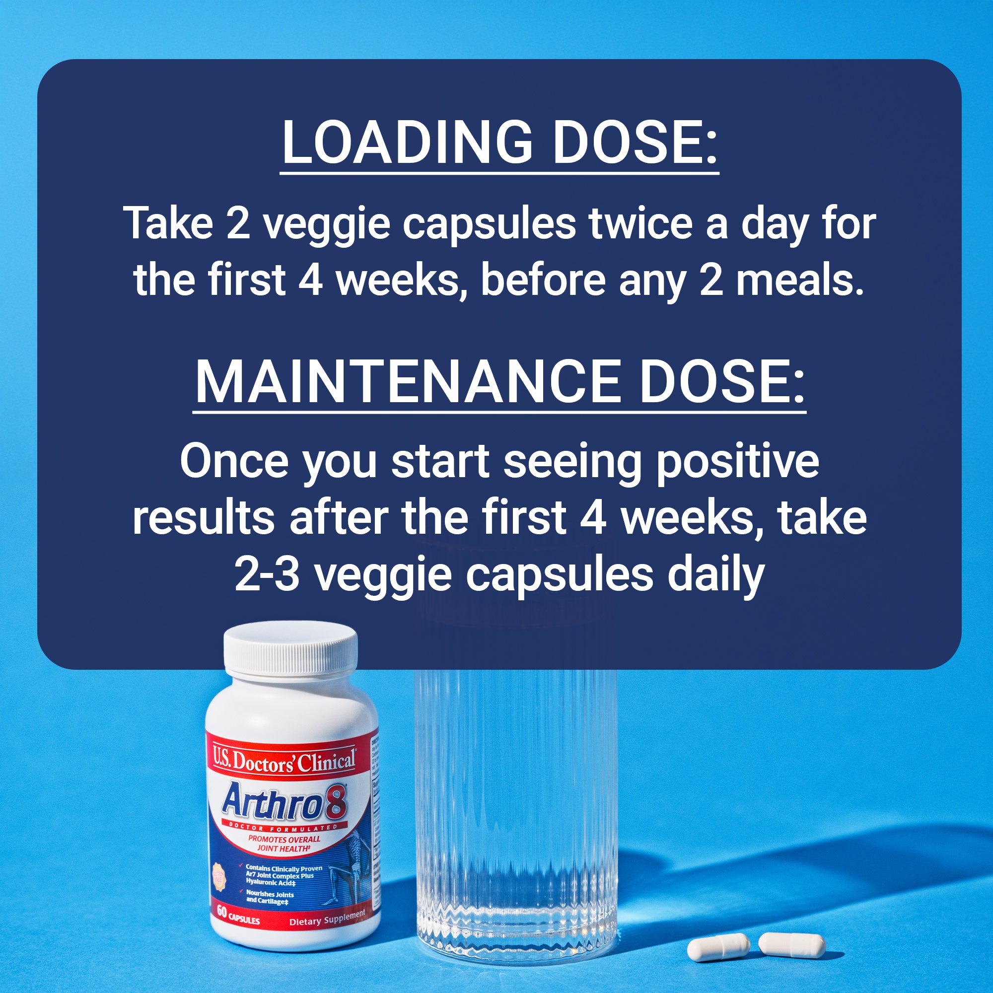 U.S. Doctors' Clinical Arthro8 bottle with text above indicating the loading and maintenance dose on a blue background