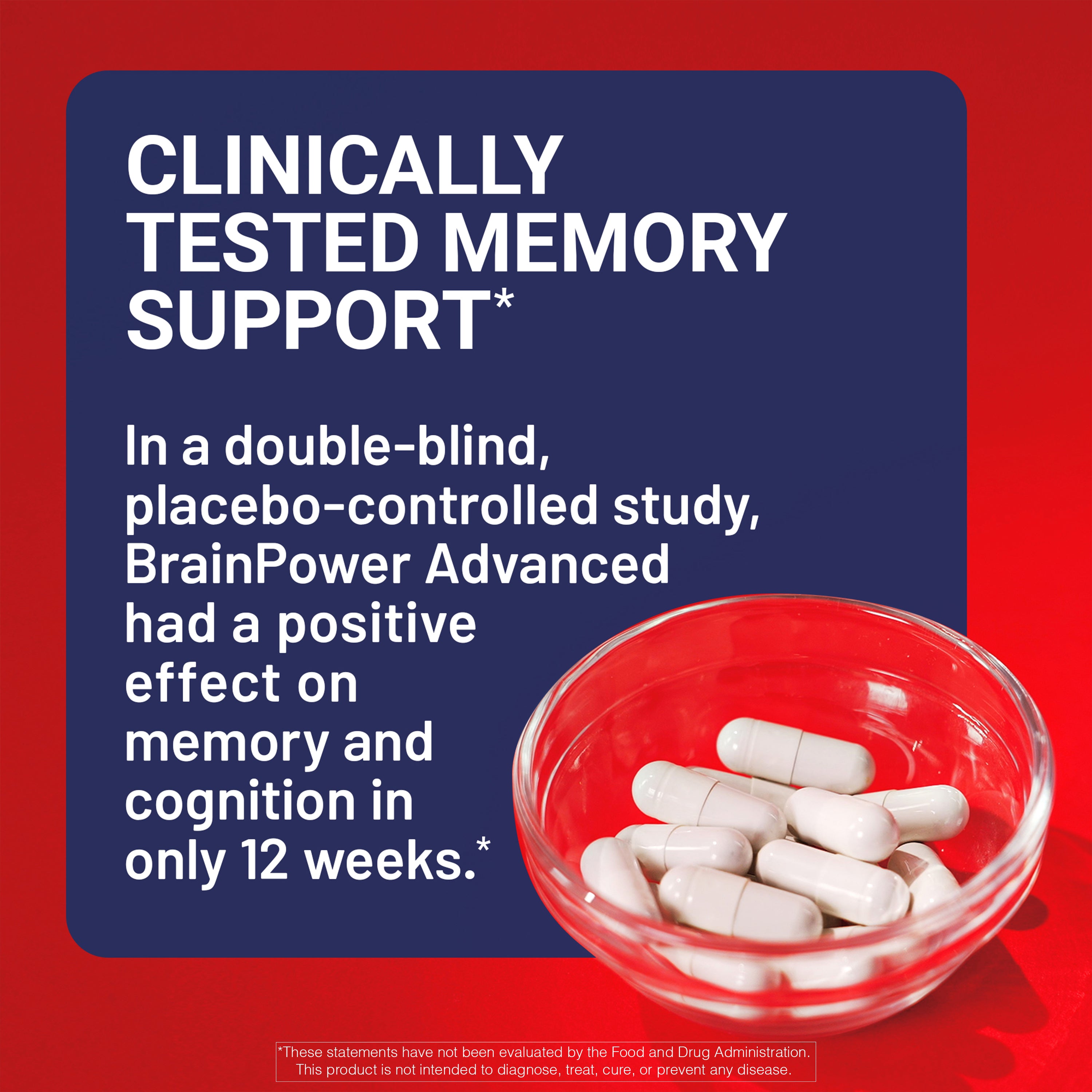 Advertisement for BrainPower Advanced memory support with text and a bowl of capsules on a red background.