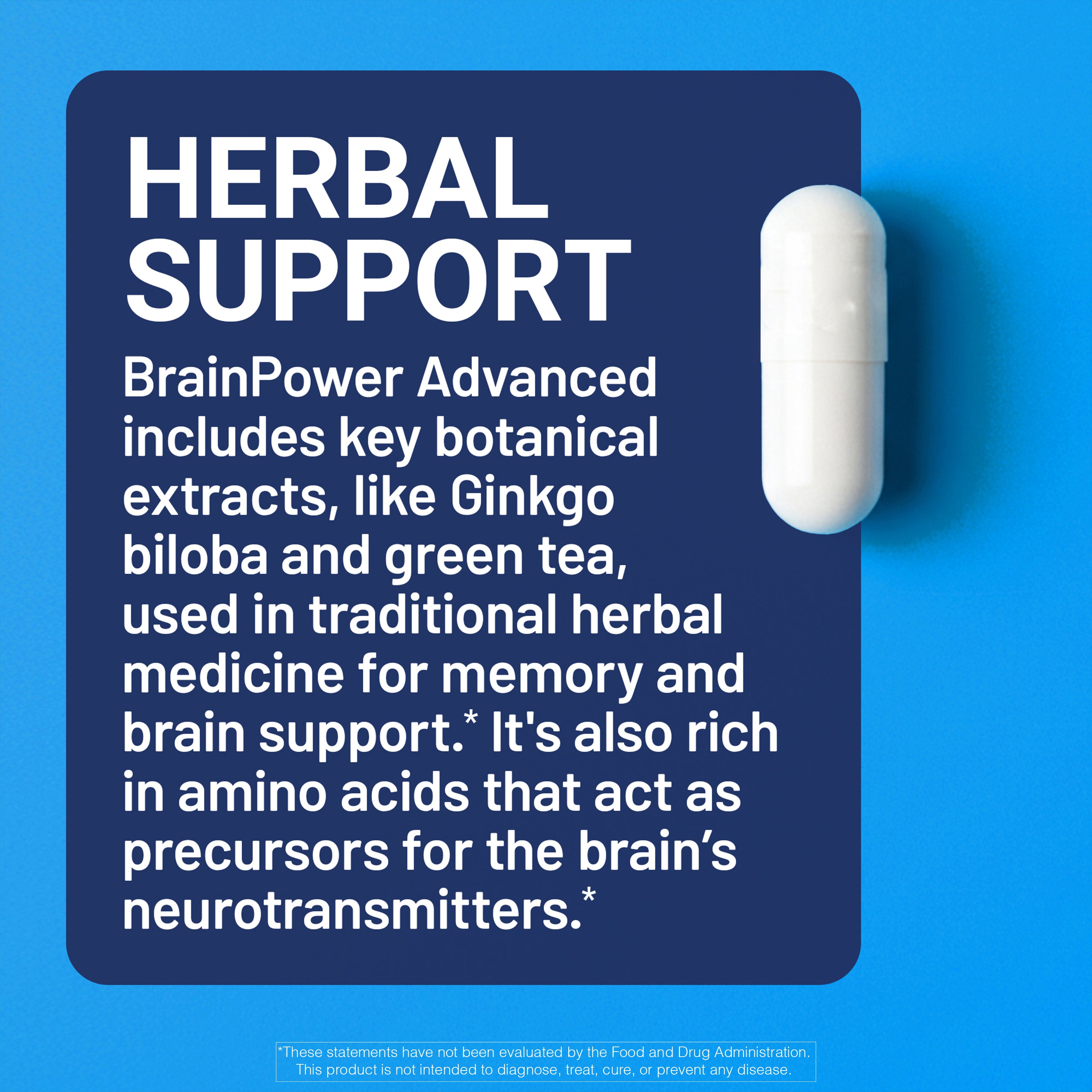 White pill on a blue background with text about Herbal Support and BrainPower Advanced.