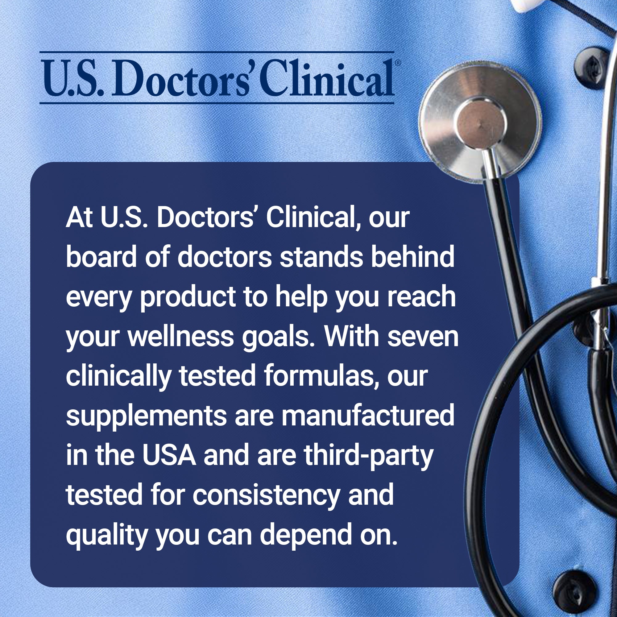 Advertisement for U.S. Doctors' Clinical with a stethoscope on a blue background