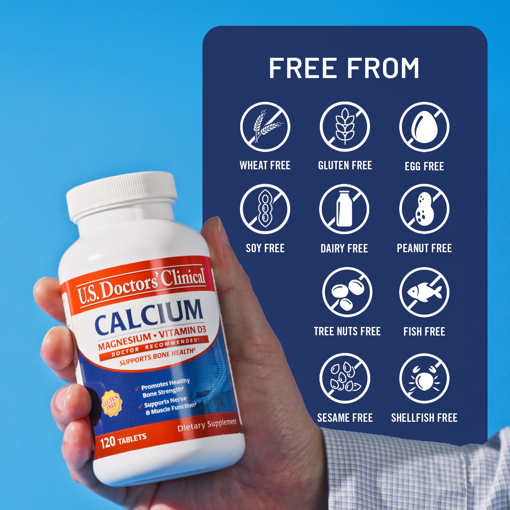 Hand holding a bottle of U.S. Doctors Clinical Calcium Supplement with free from text and allergens it doesn't have in it.