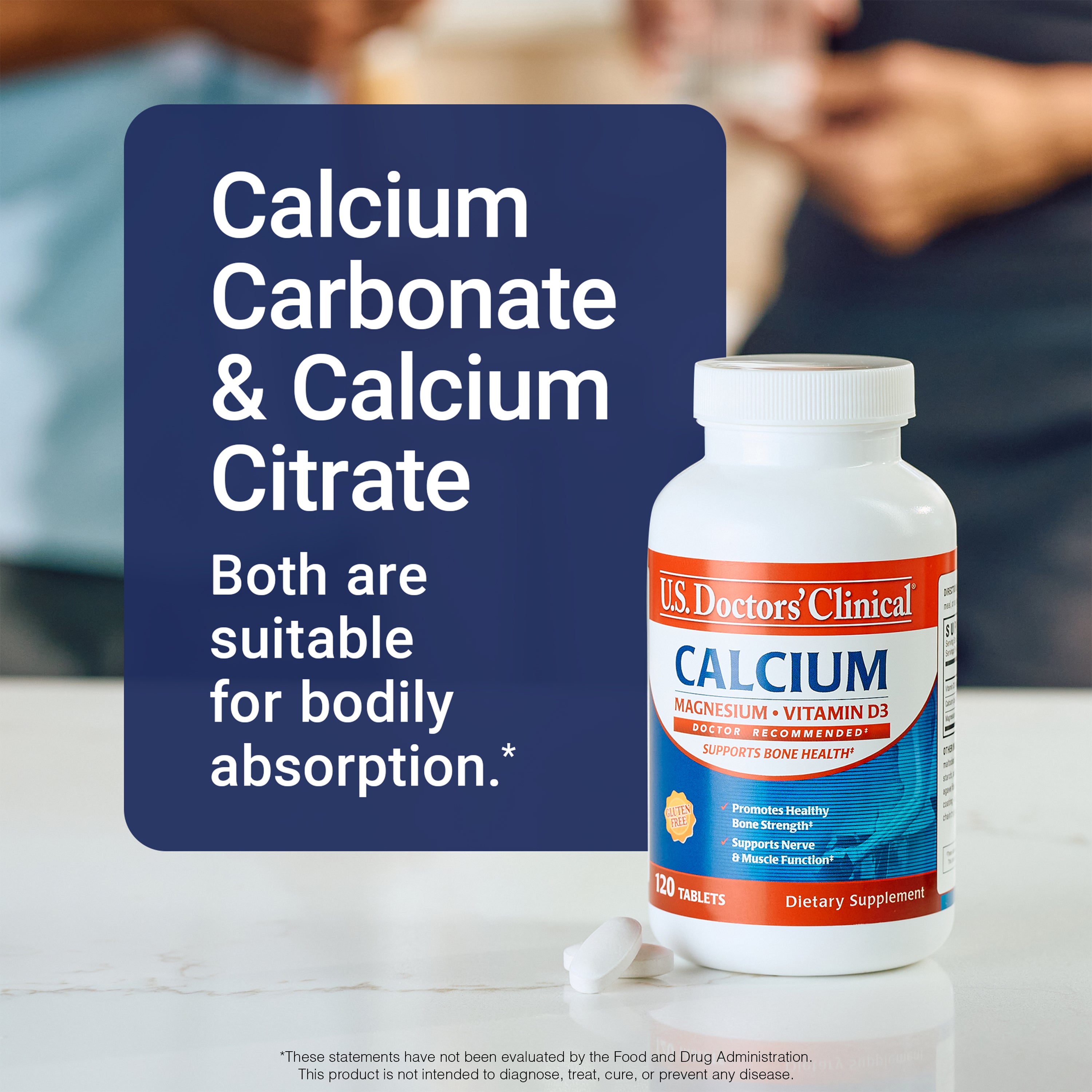 U.S. Doctors Clinical Calcium supplement with text about calcium carbonate and calcium citrate.