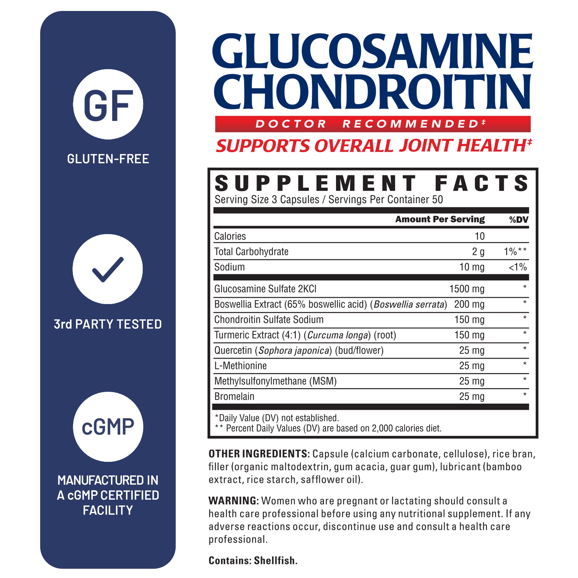 Glucosamine Chondroitin supplement label with supplement facts and product details.