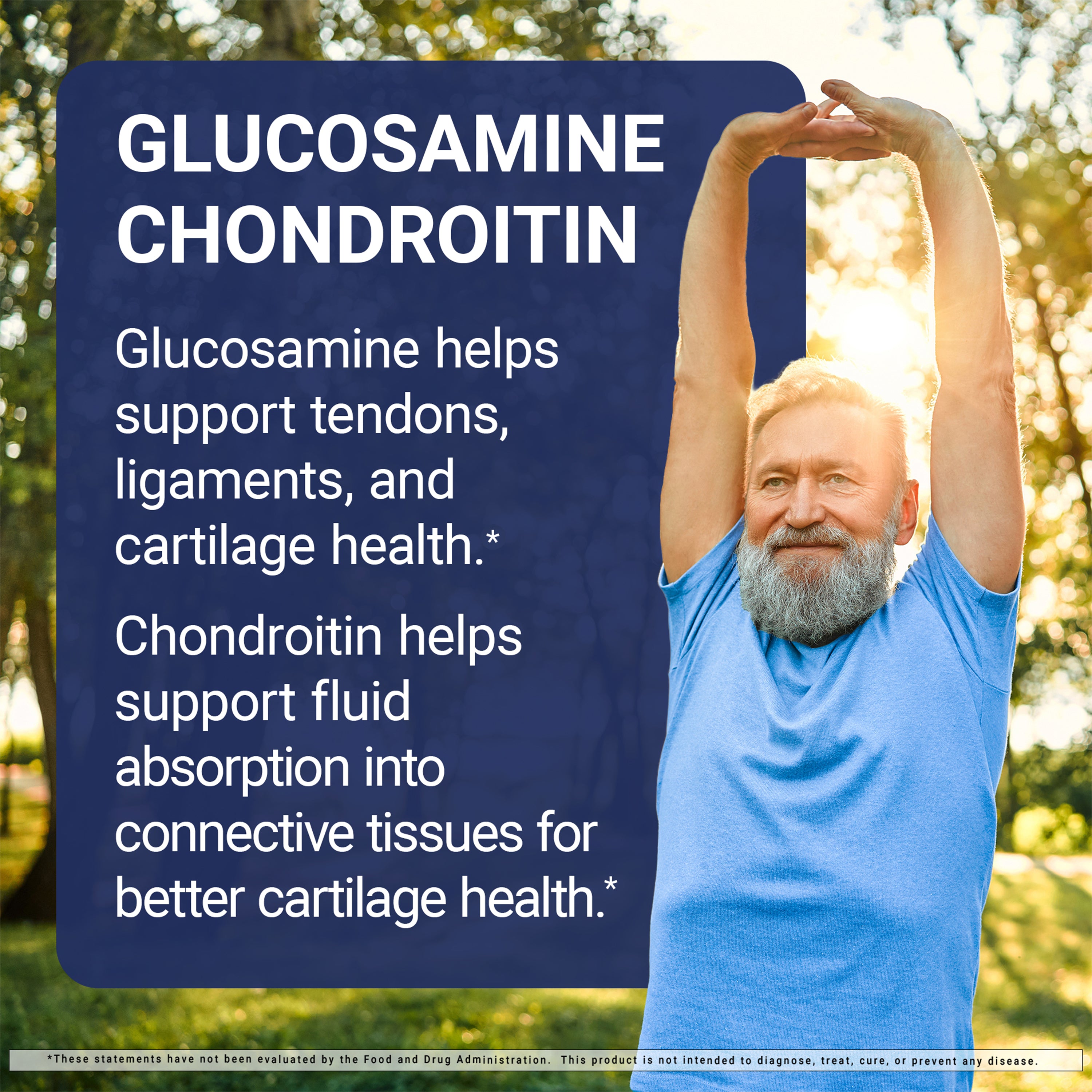 Man stretching outdoors with text about glucosamine and chondroitin benefits on a blue background