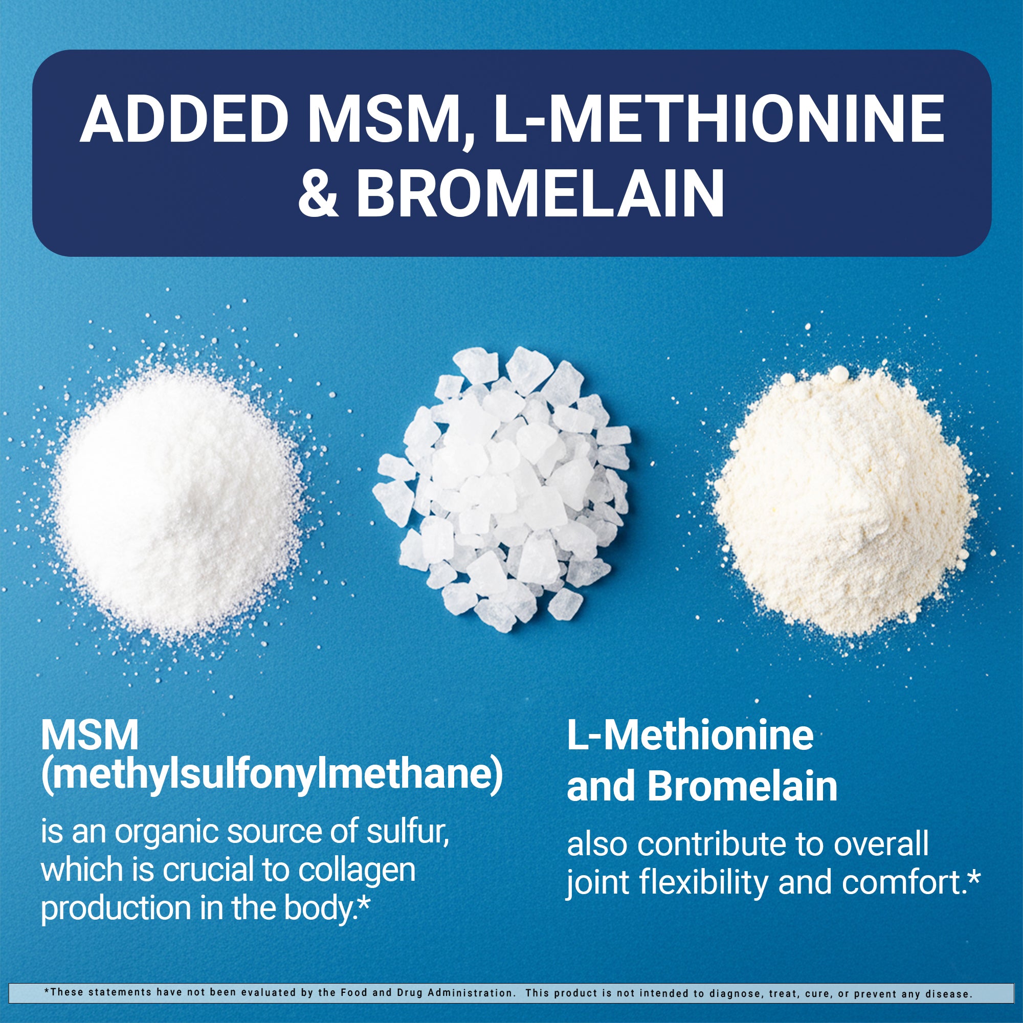 Three types of white powders labeled MSM, L-Methionine, and Bromelain on a blue background.