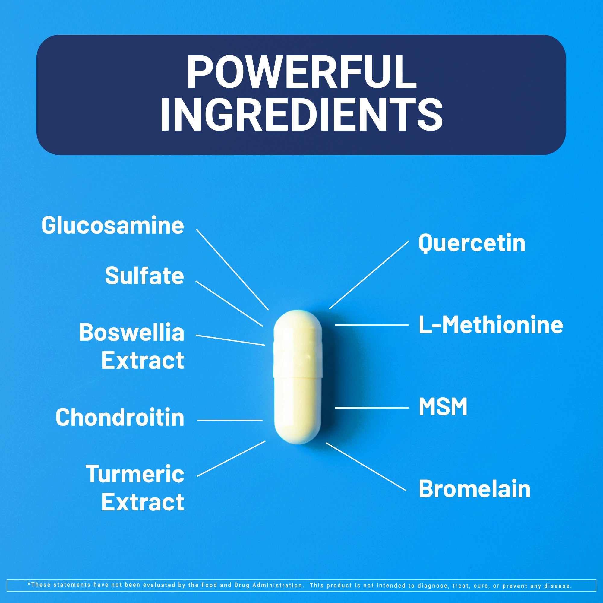 Supplement capsule with labeled ingredients on a blue background