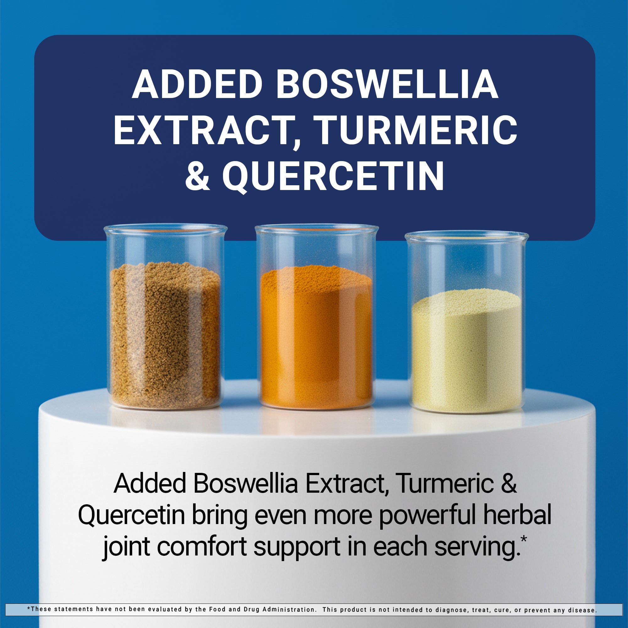 Three glass containers with powders on a blue background, featuring text about added Boswellia Extract, Turmeric & Quercetin.
