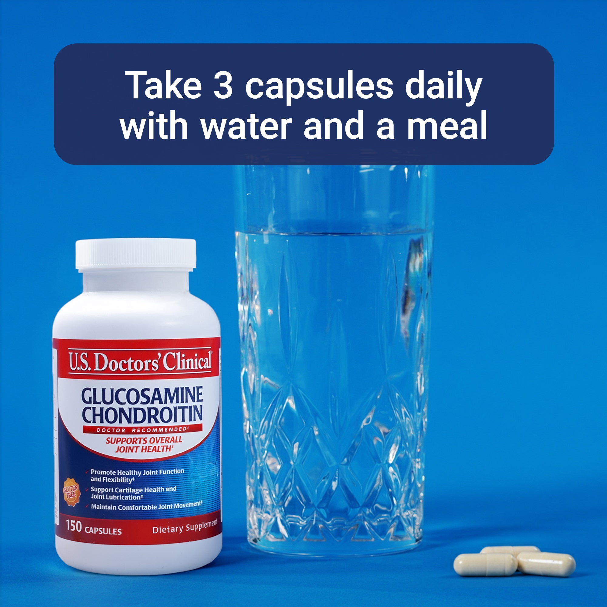 U.S. Doctor's Clinical Glucosamine Chondroitin supplement bottle with a glass of water on a blue background