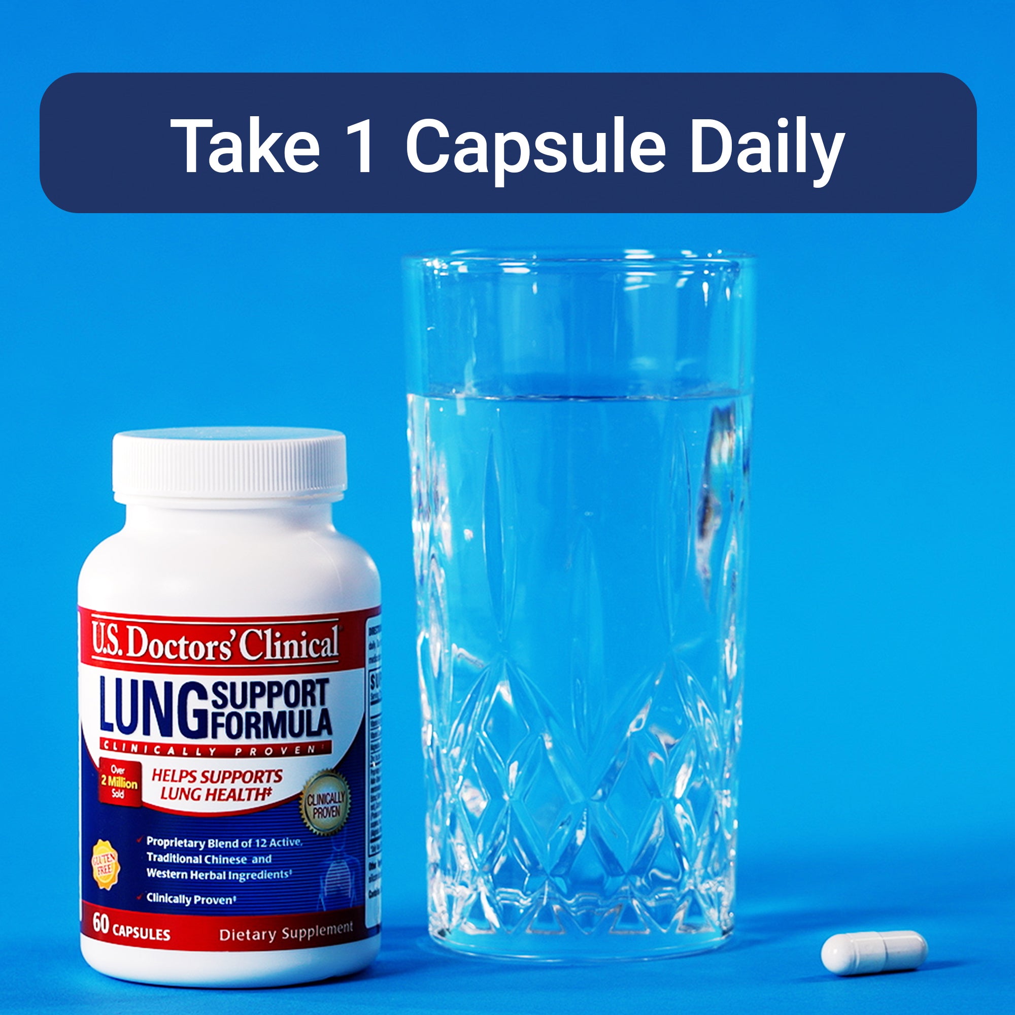 U.S. Doctors' Clinical Lung Support Formula supplement bottle with a glass of water on a blue background