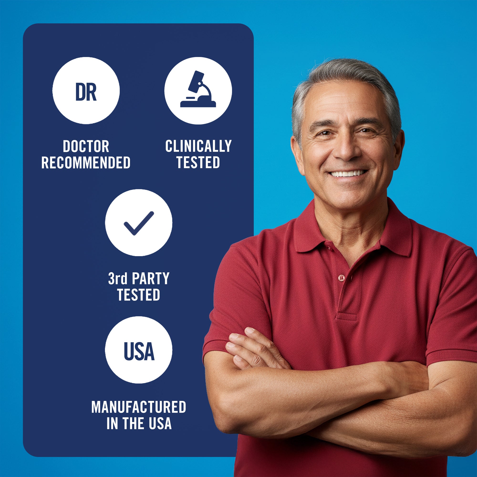 Man in red shirt with 'Doctor Recommended' and 'Clinically Tested' labels on a blue background