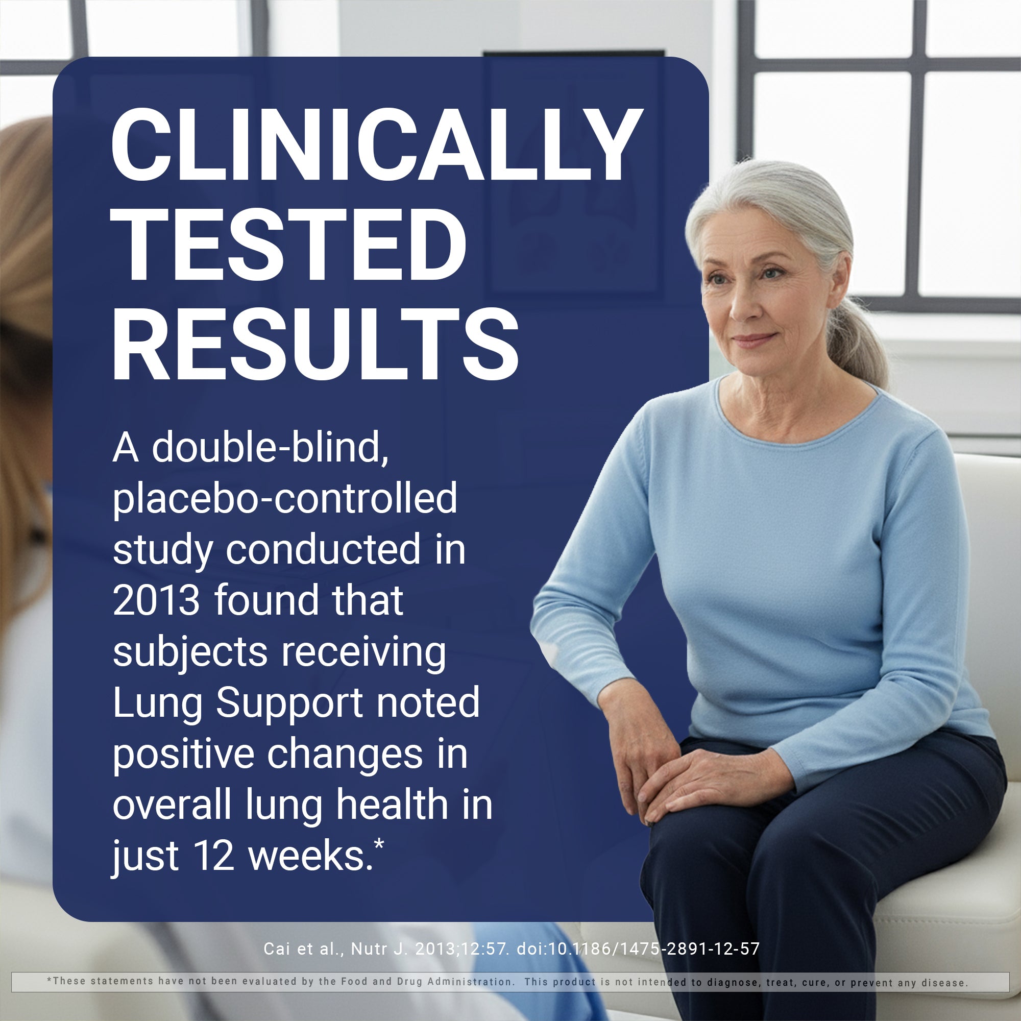 Woman sitting on a couch with text about clinically tested Lung Support product