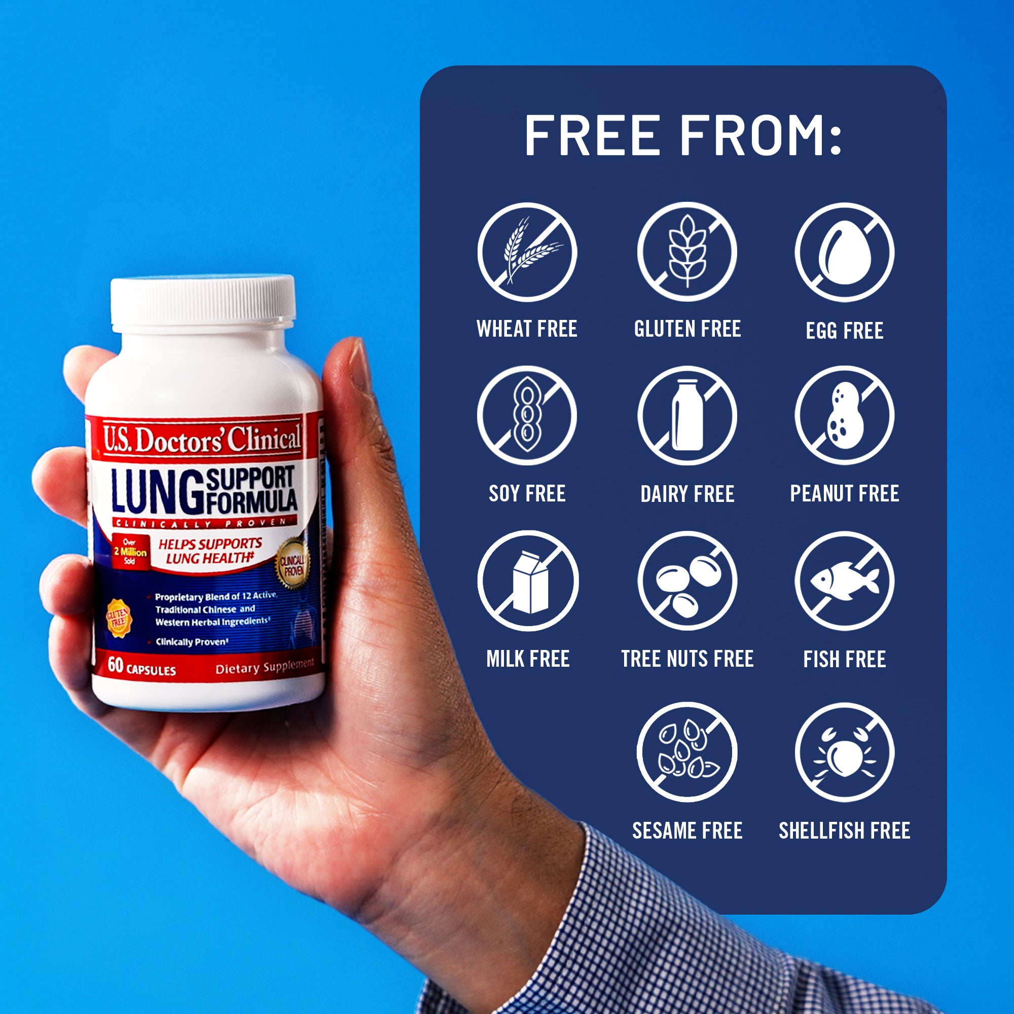 Hand holding a bottle of U.S. Doctors' Clinical Lung Support Formula against a blue background with free-from icons.