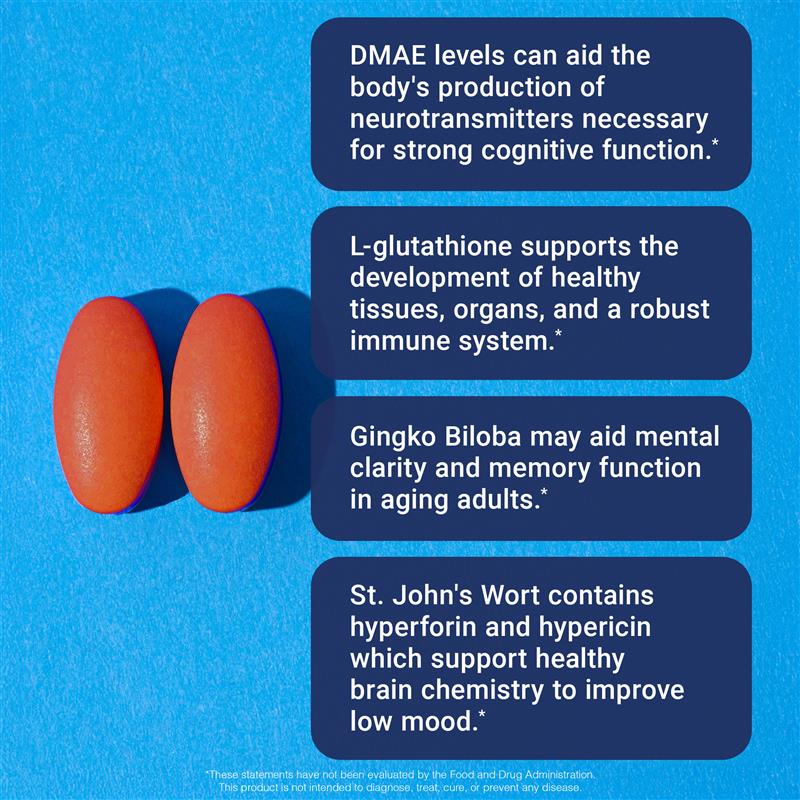 Two red pills on a blue background with text about health benefits on a blue background