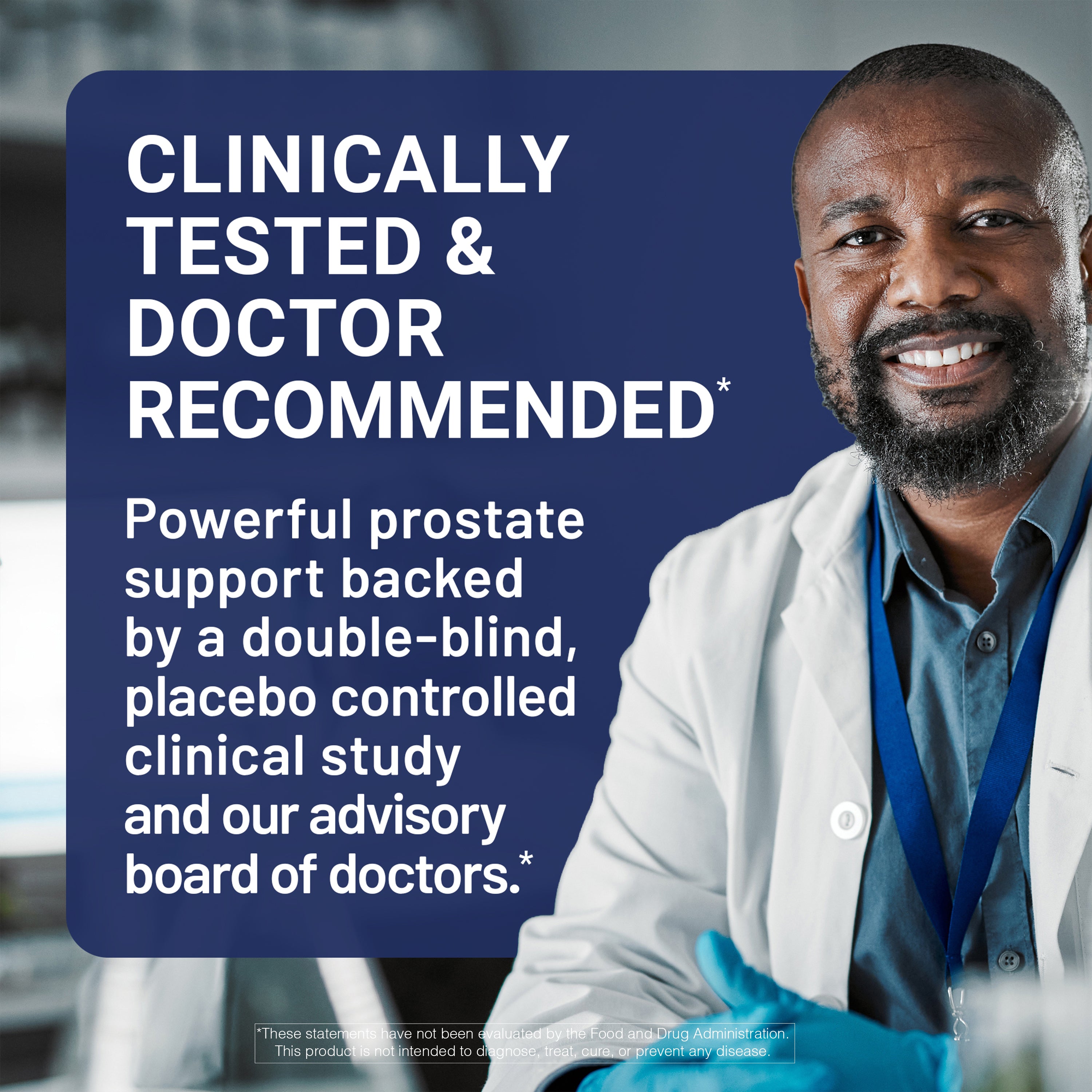 Man in a lab coat with text about clinically tested and doctor recommended prostate support.
