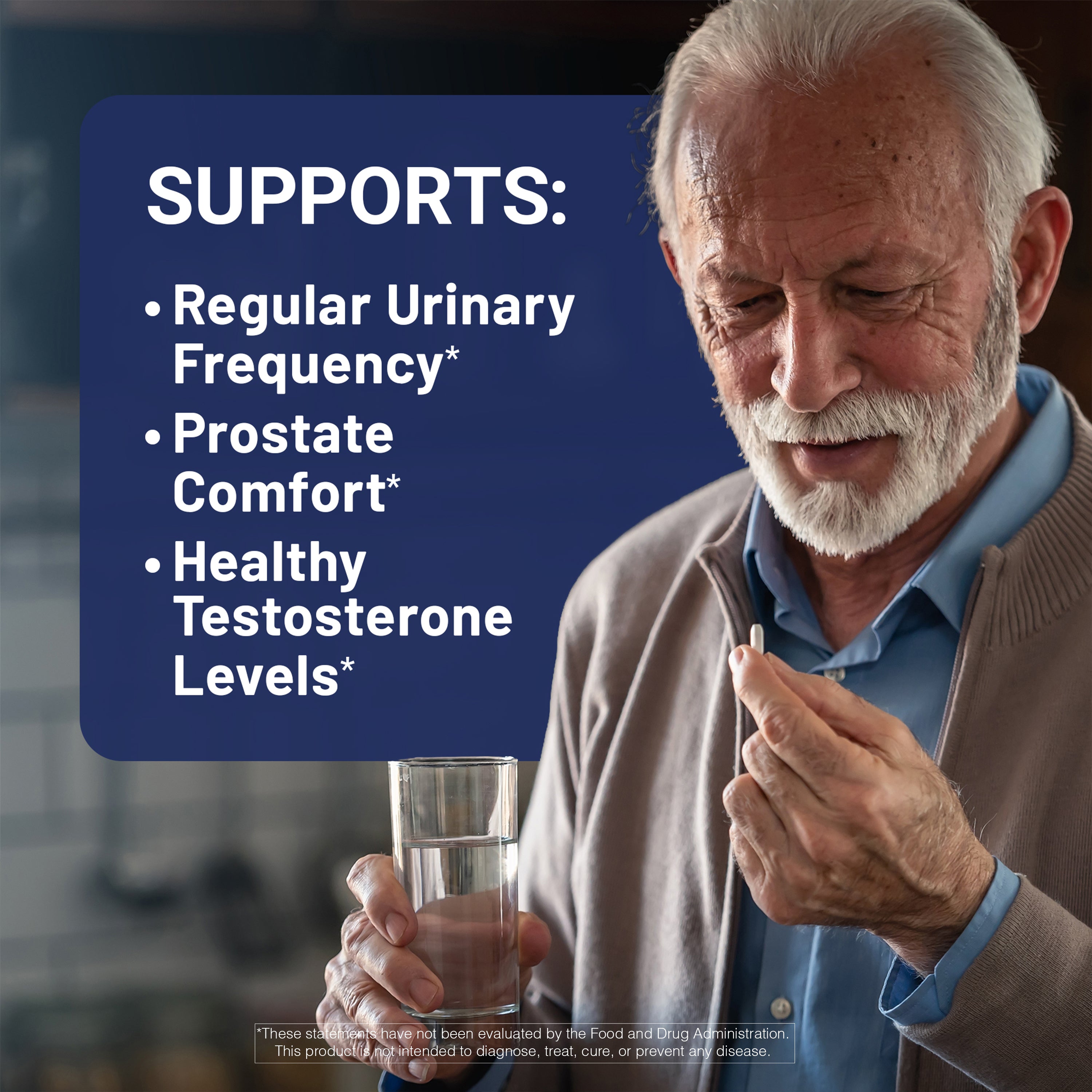 Man holding a pill and glass of water with text about prostate health benefits on a blue background
