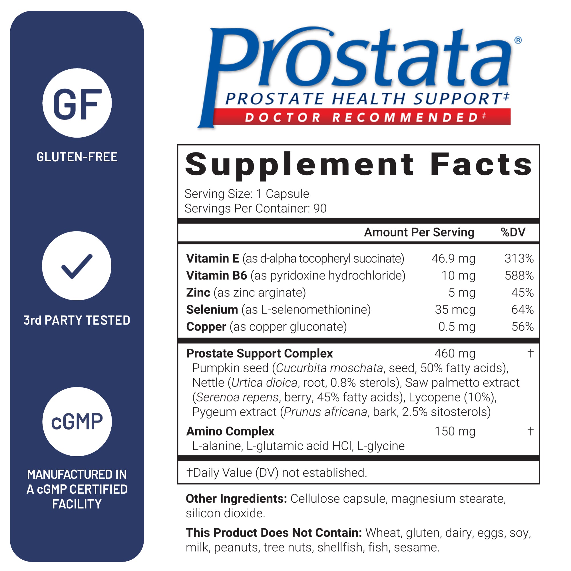 U.S. Doctors' Clinical doctor recommended Prostata supplement label with supplement facts and certification logos on a white background