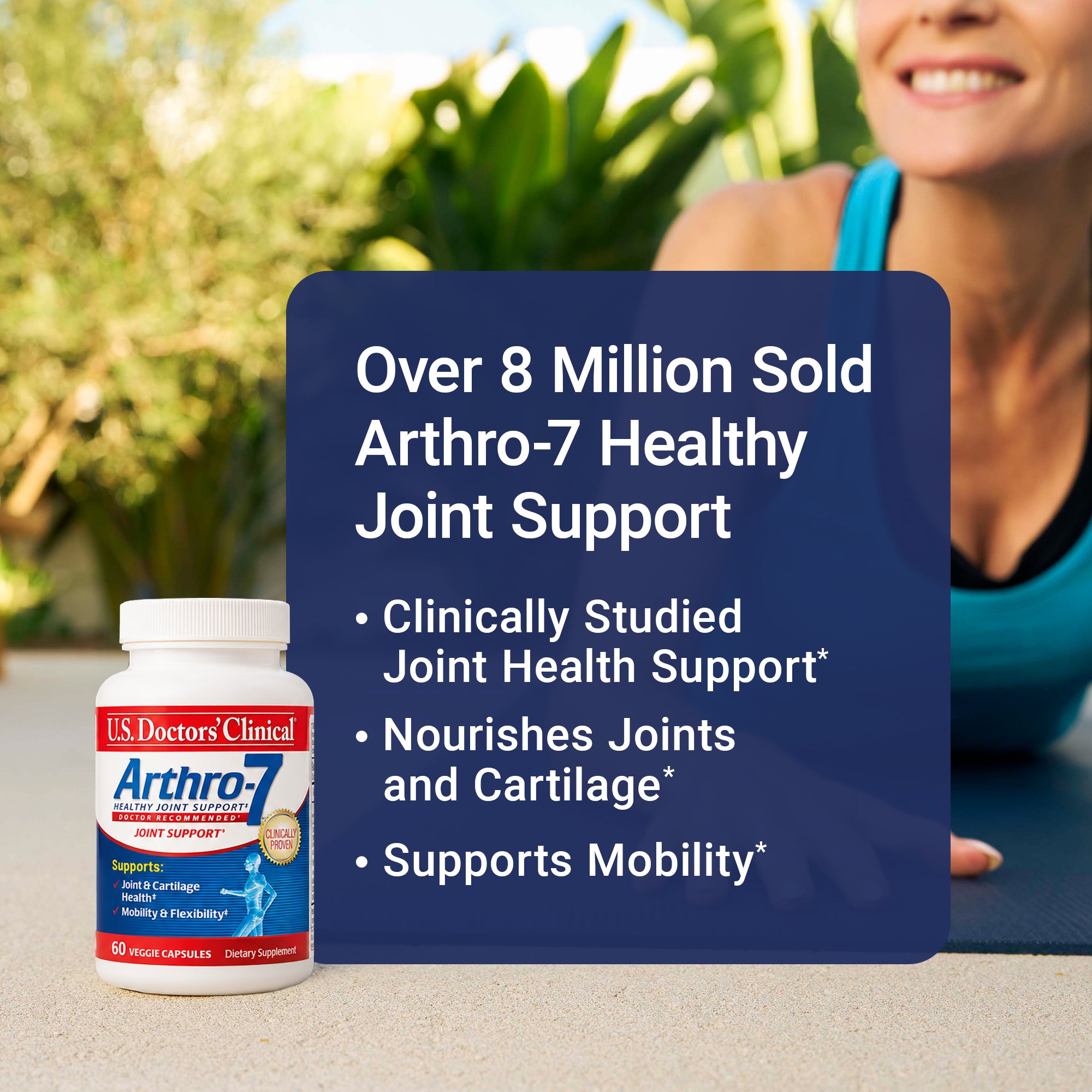 US Doctors' Clinical Arthro7 supplement bottle with promotional text about joint health support on a blurred outdoor background.