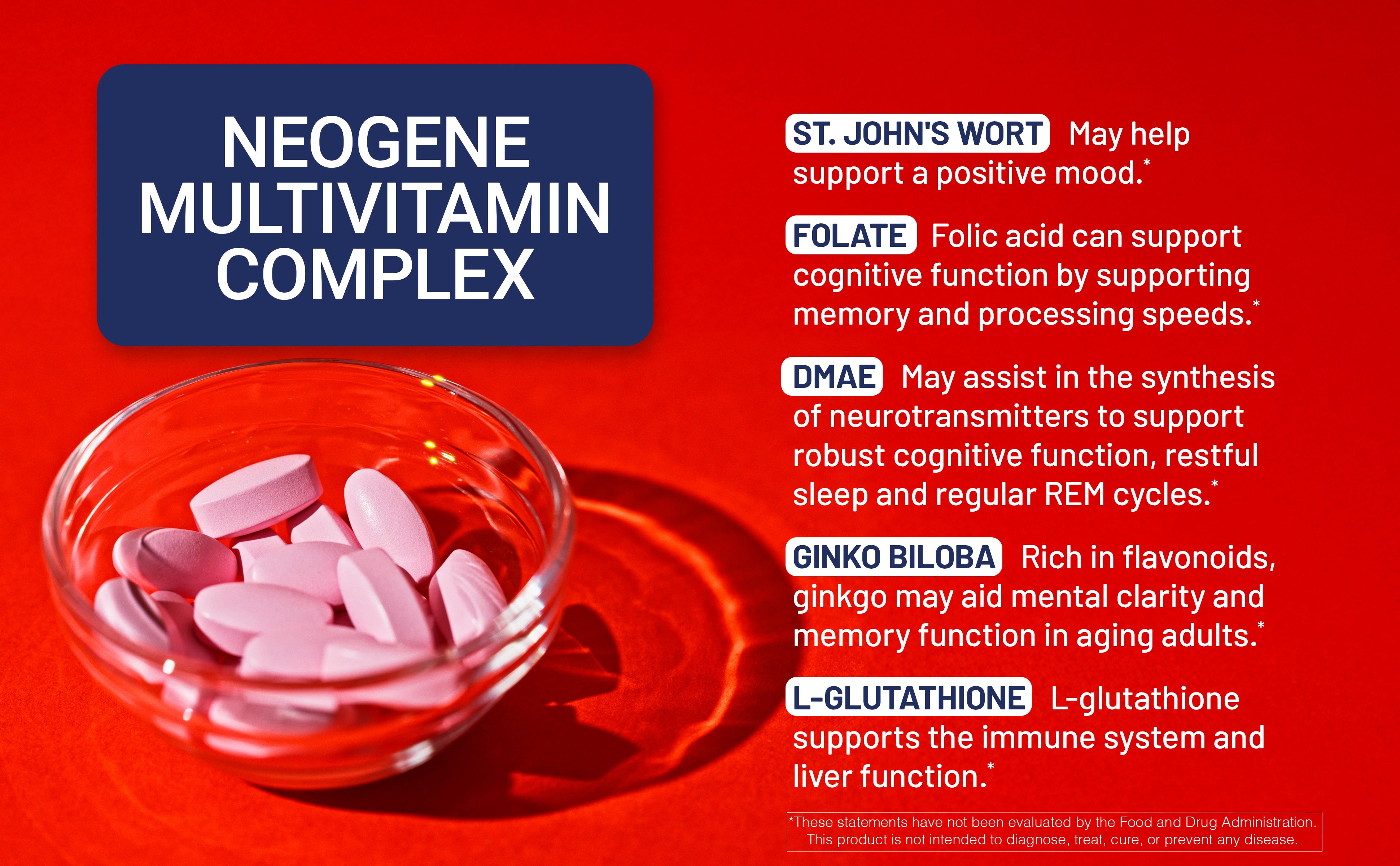 Neogene Multivitamin Complex with pink tablets in a glass bowl on a red background highlighting ingredient benefits