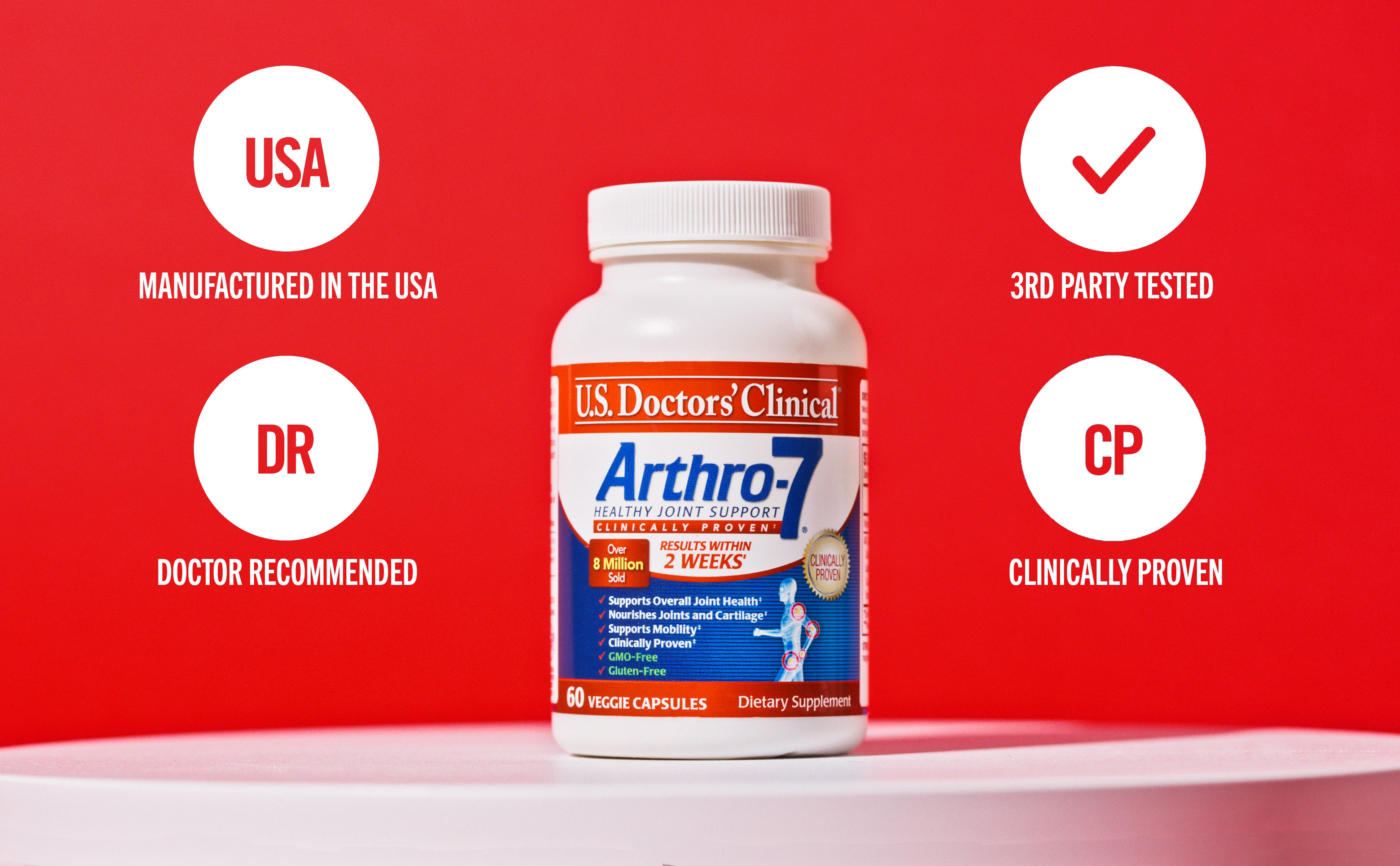 US Doctor's Clinical Arthro-7 joint supplement bottle on a red background with certification icons.