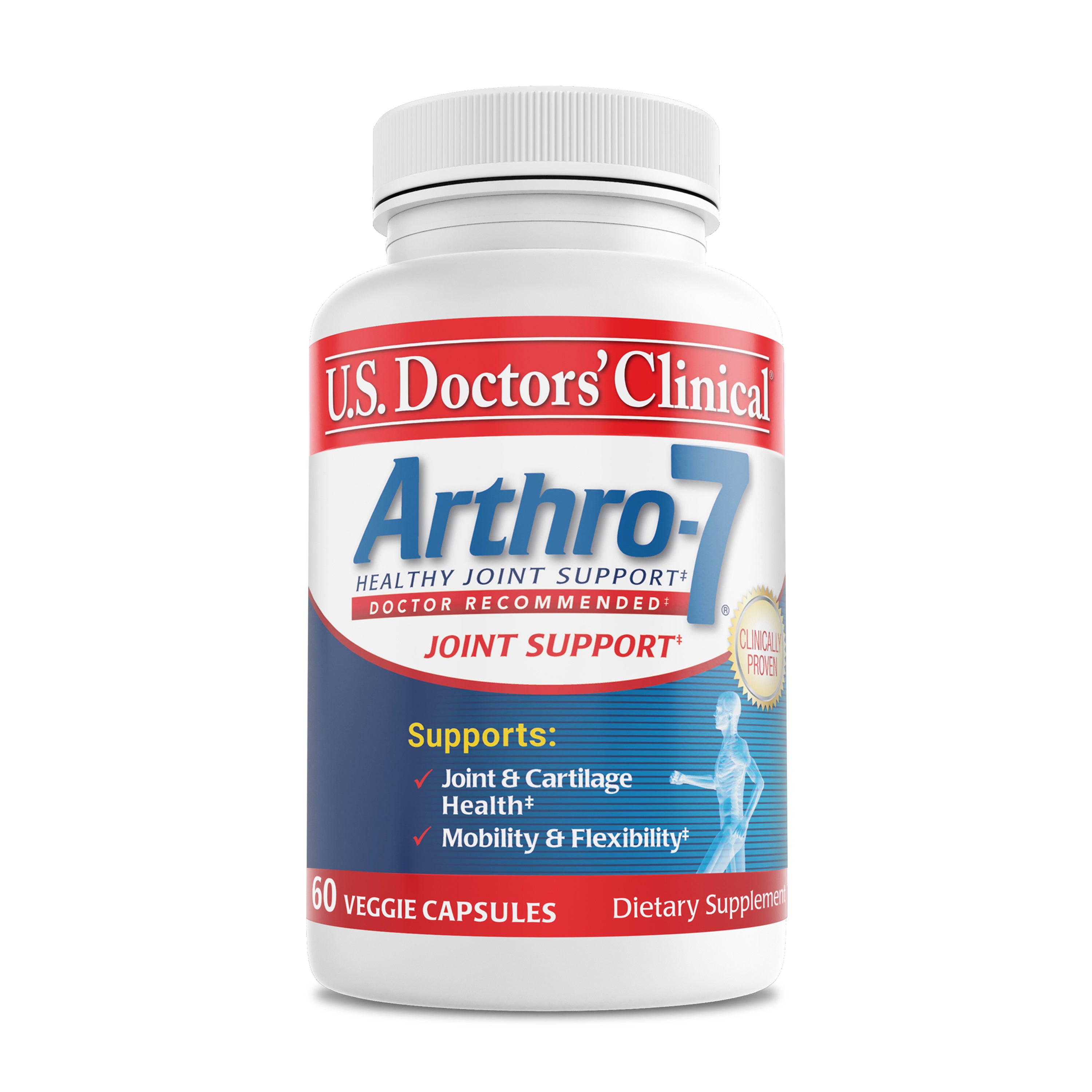 Joint supplement bottle labeled 'U.S. Doctors' Clinical Arthro-7 on a white background