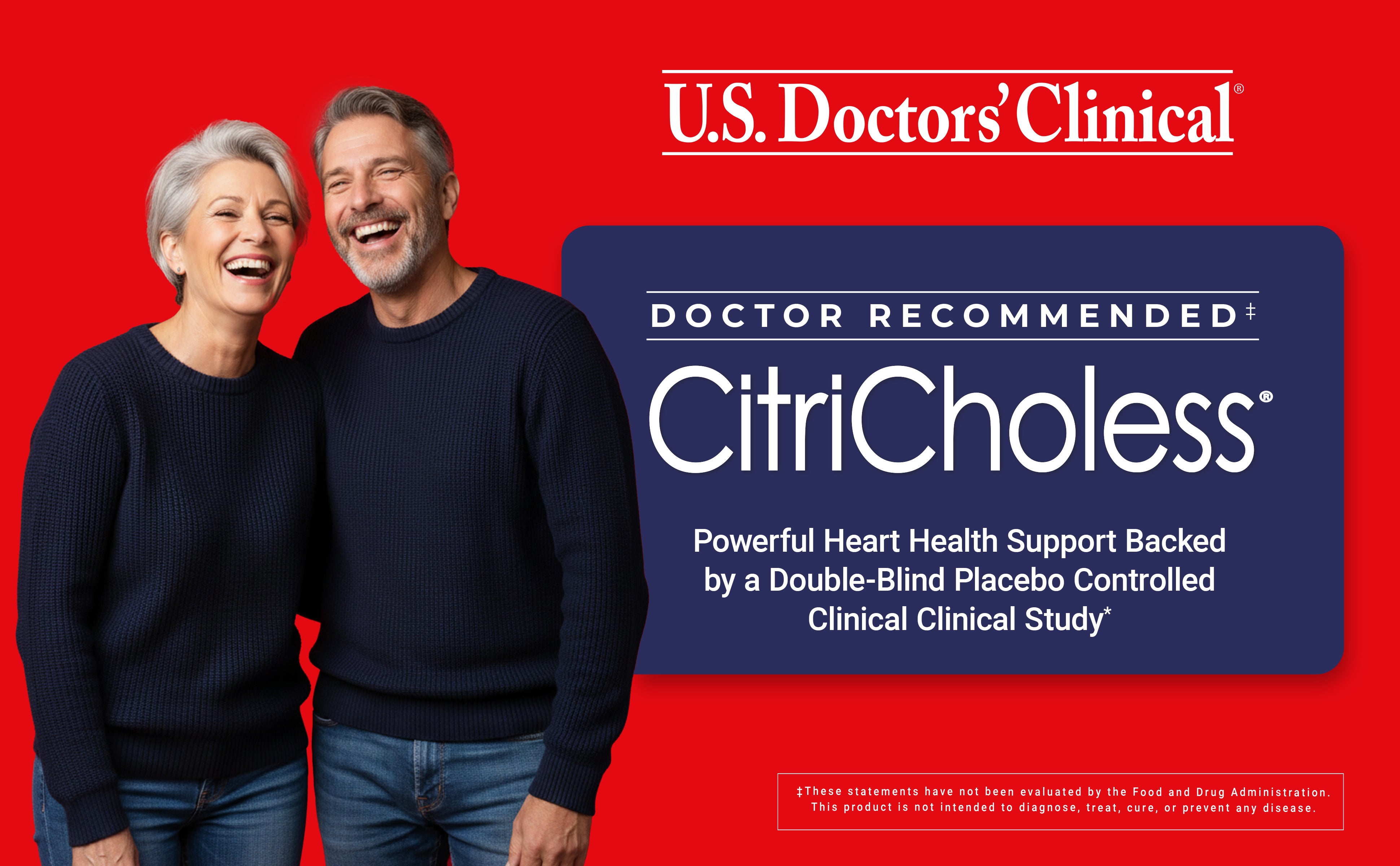 Advertisement for U.S. Doctors' Clinical CitriCholess with a couple on a red background