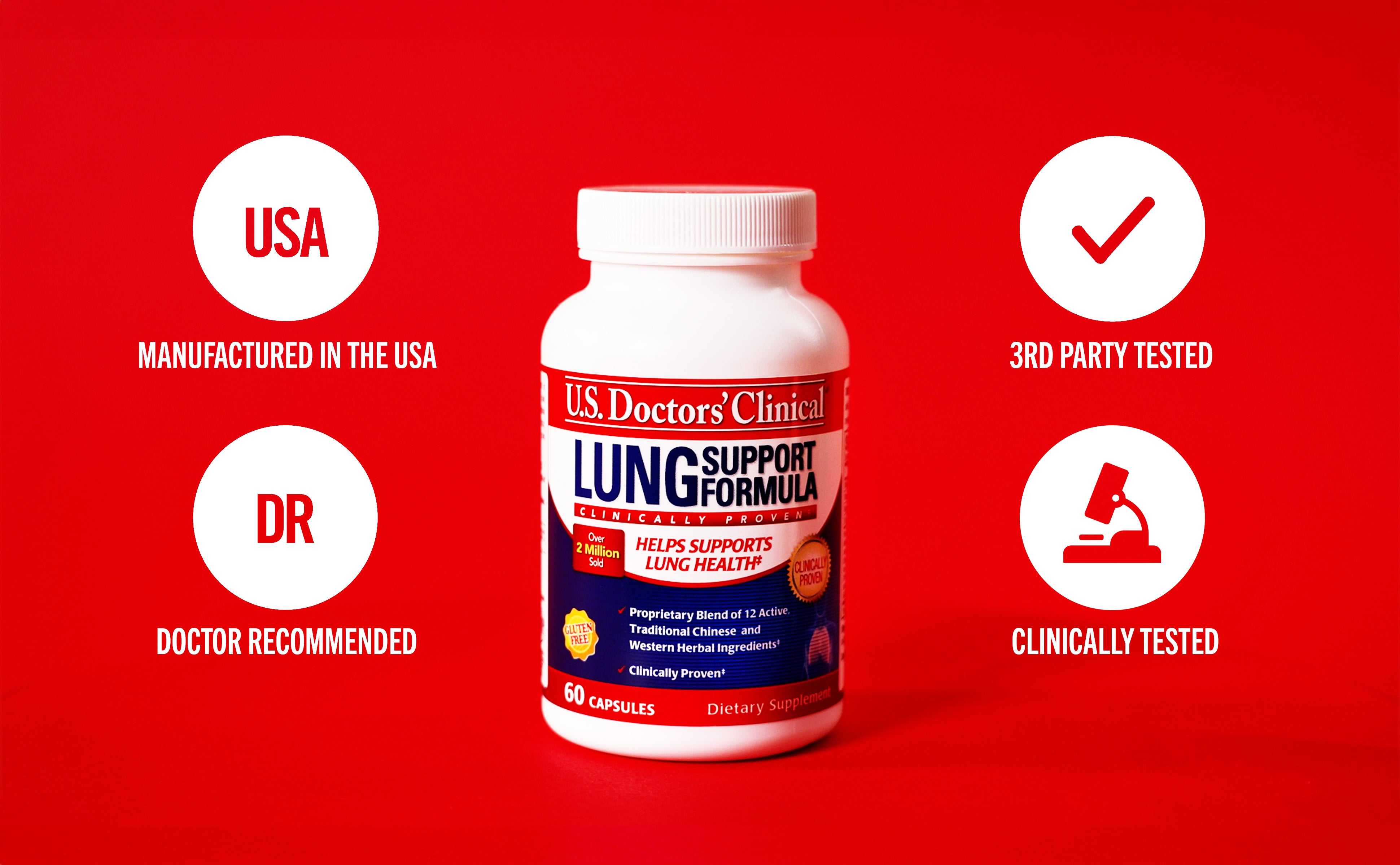 U.S. Doctors' Clinical Lung Support Formula bottle on a red background with certification icons.