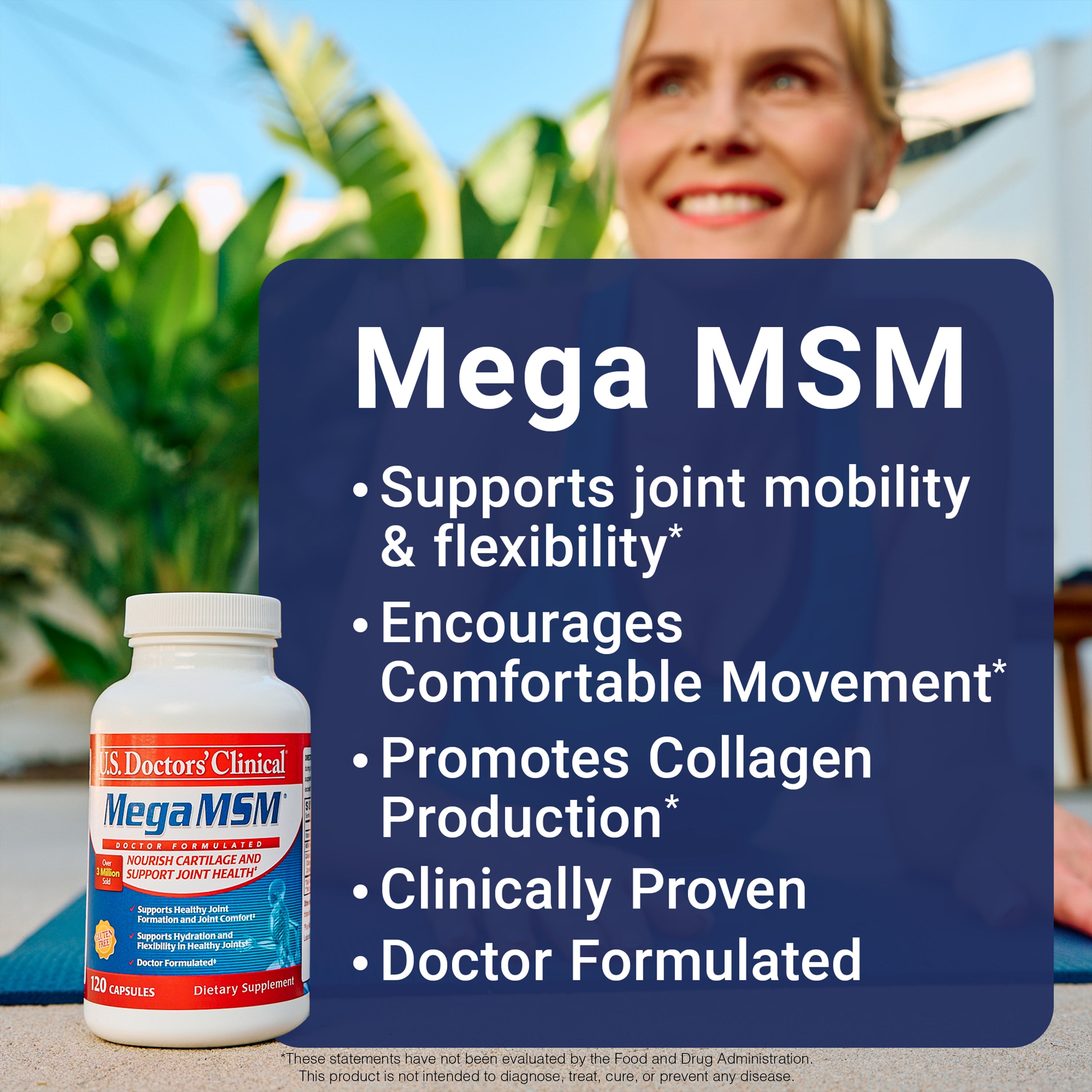 Clinically proven Mega MSM supplement bottle with promotional text against a blurred outdoor background