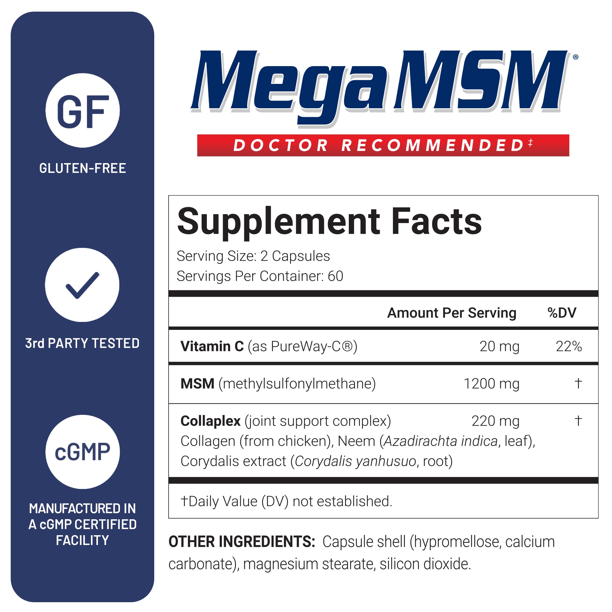 Mega MSM supplement label with supplement facts and certification logos on a white background
