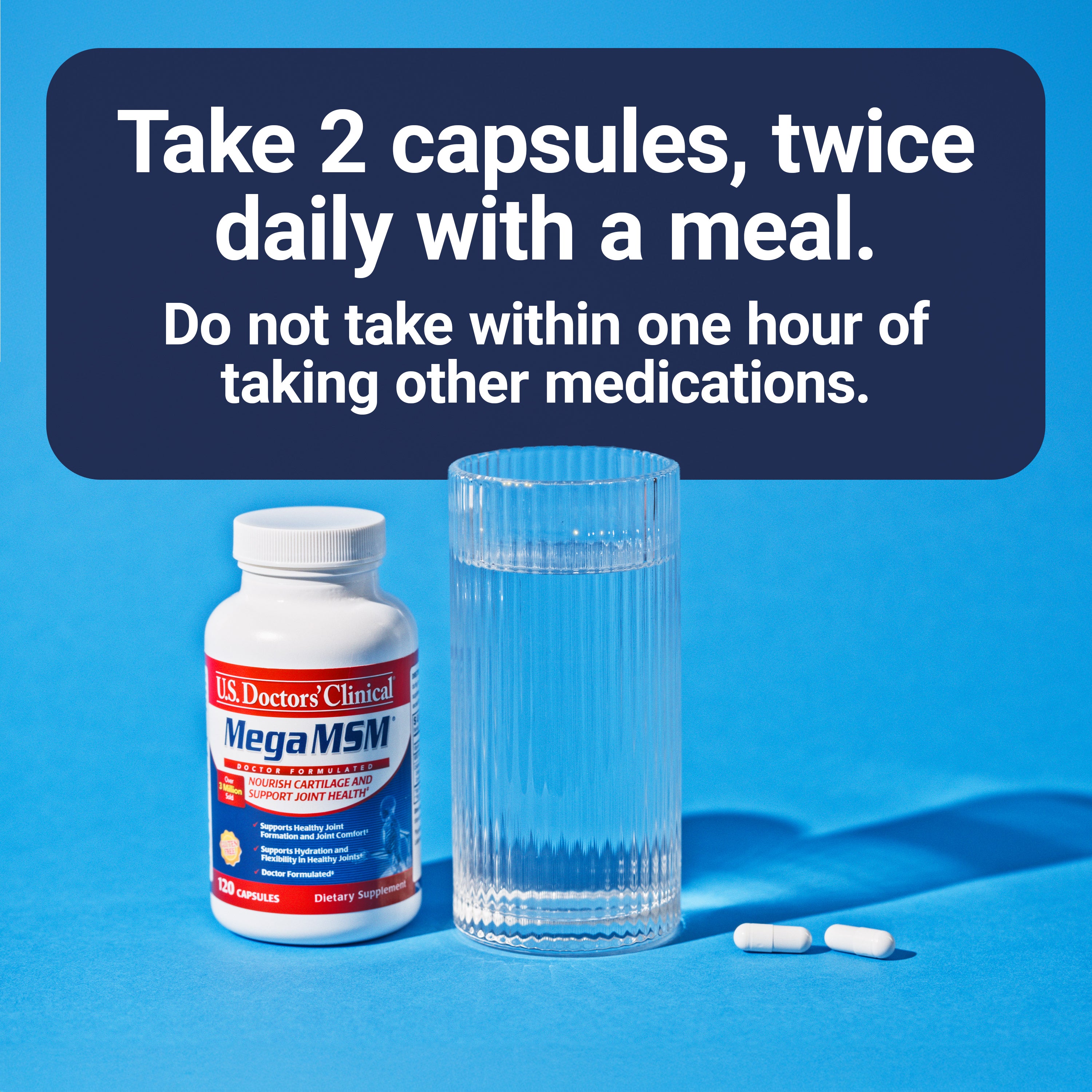Mega MSM supplement bottle with capsules and a glass on a blue background