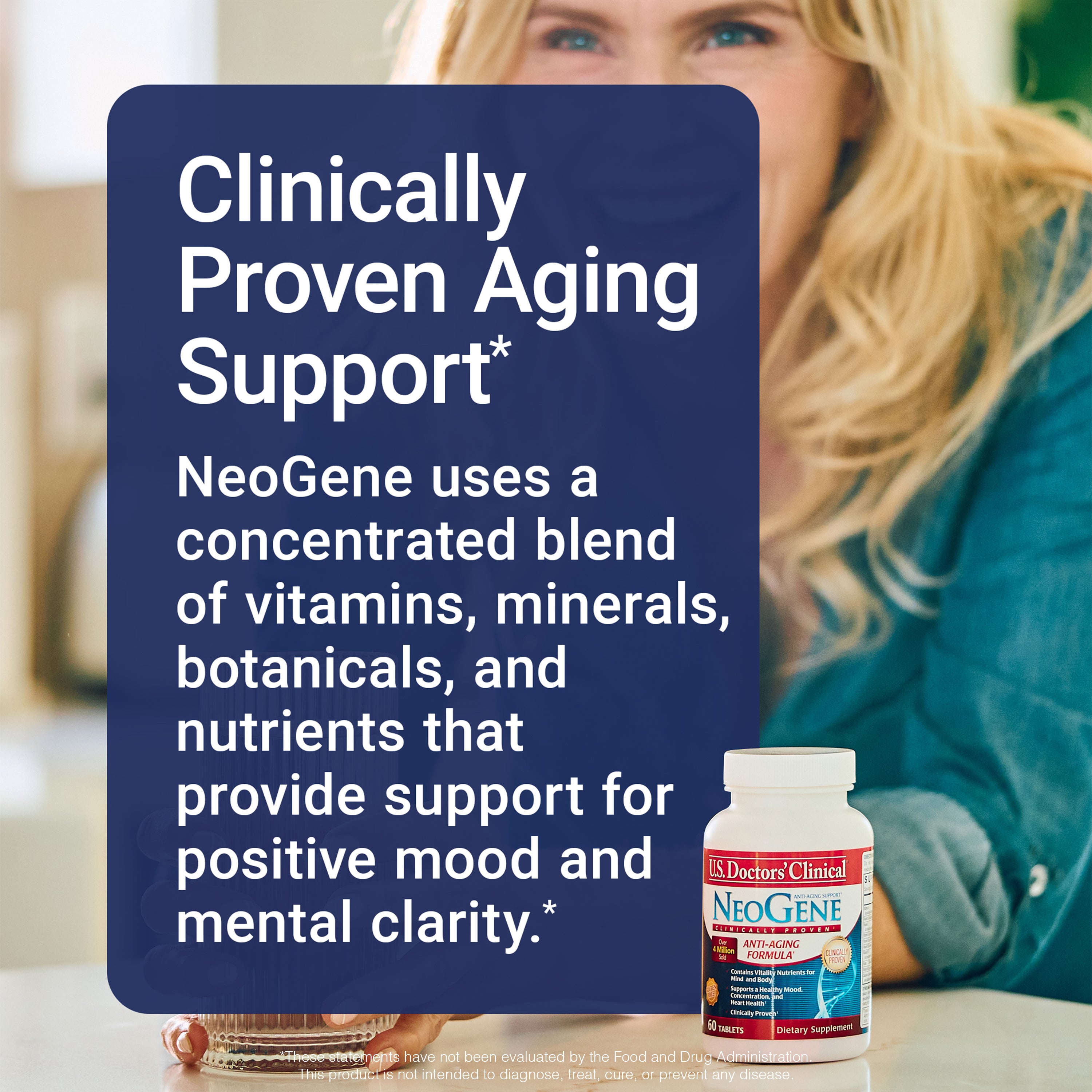 Woman holding a supplement bottle with text about clinically proven aging support.