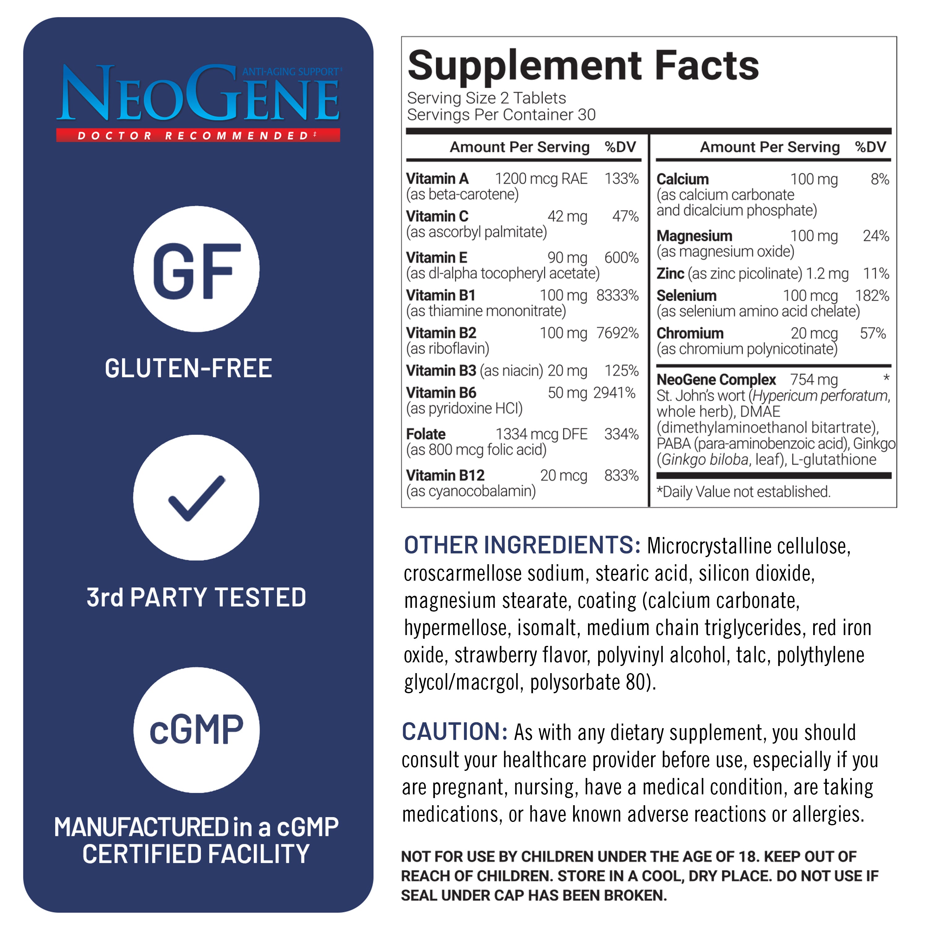 Neogene supplement label with supplement facts and certification details.