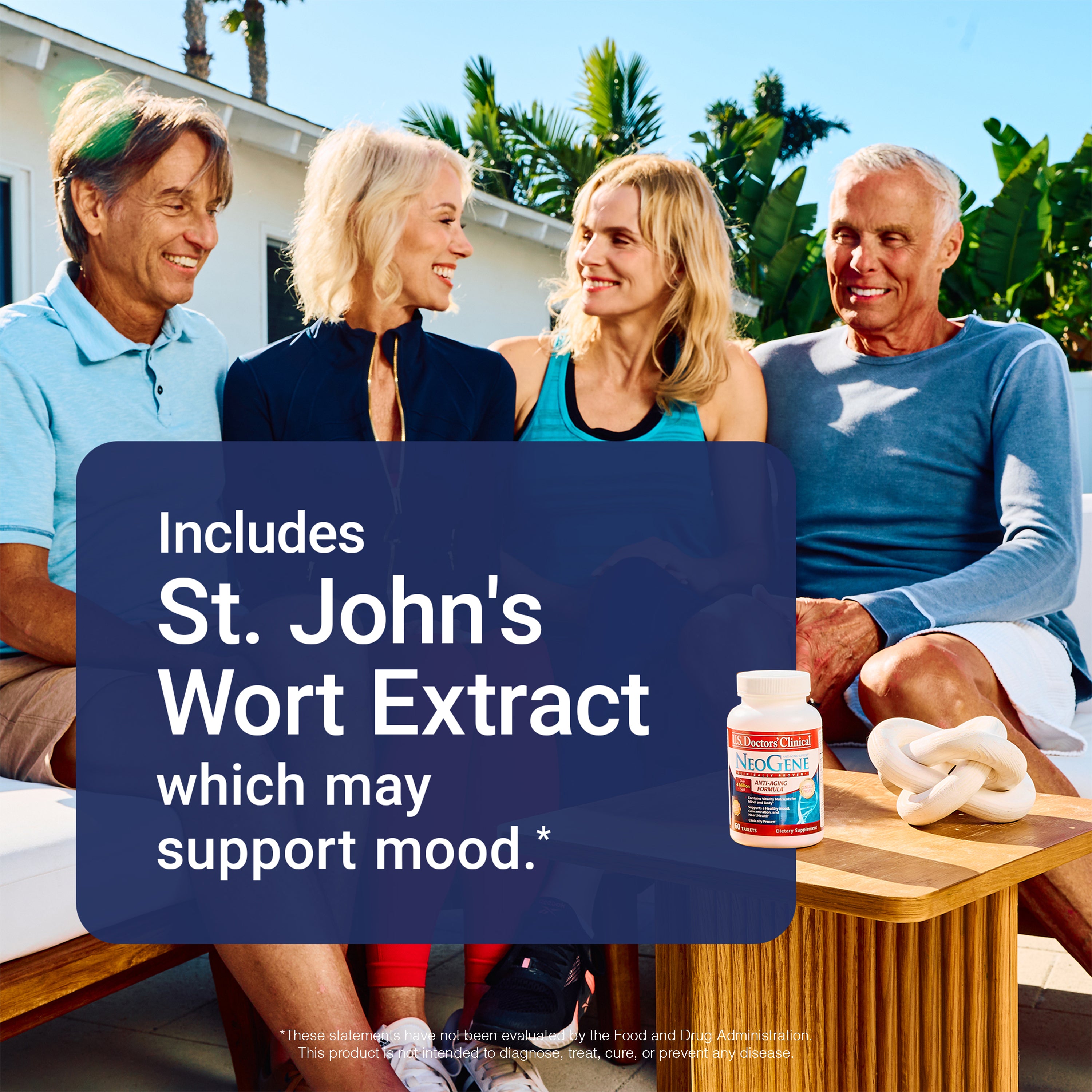 Two men and two women sitting outdoors with a bottle of NeoGene with text about St. John's Wort Extract in the foreground.