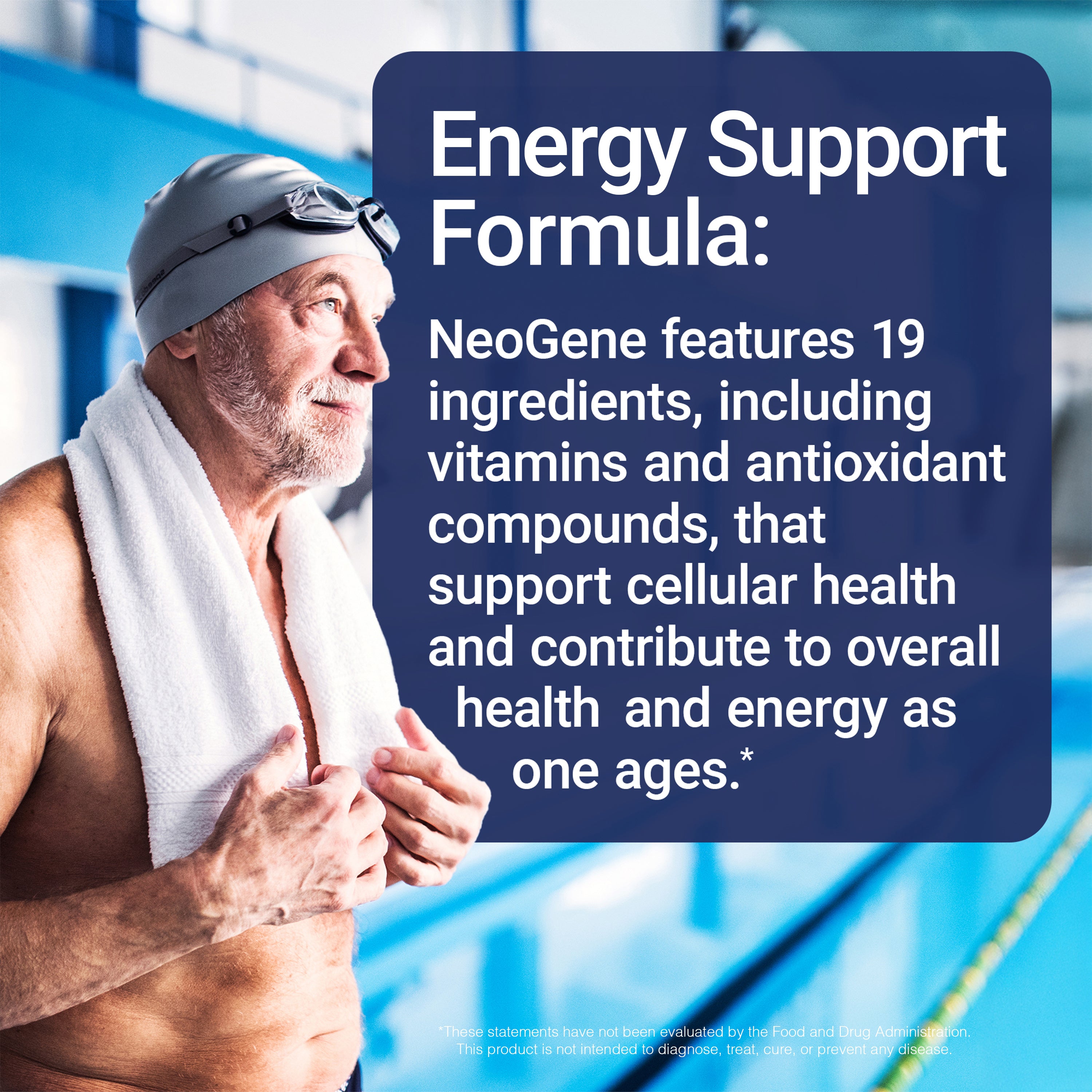 Man with towel around neck by pool, text about NeoGene energy support formula