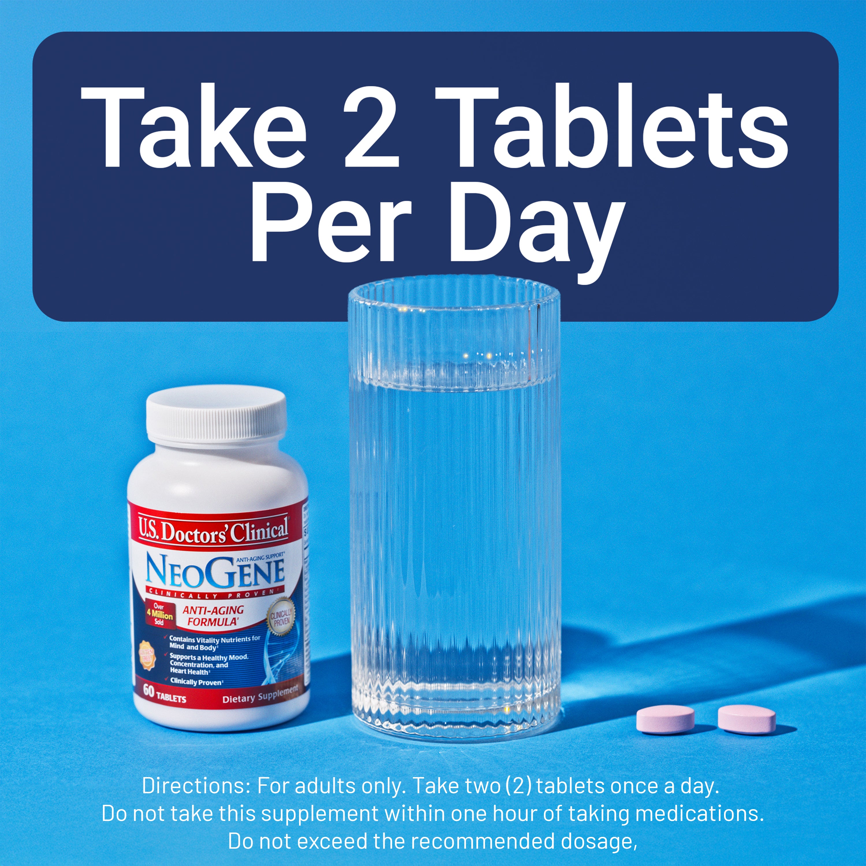 U.S. Doctors' Clinical NeoGene supplement bottle with a glass of water on a blue background with text about dosage.