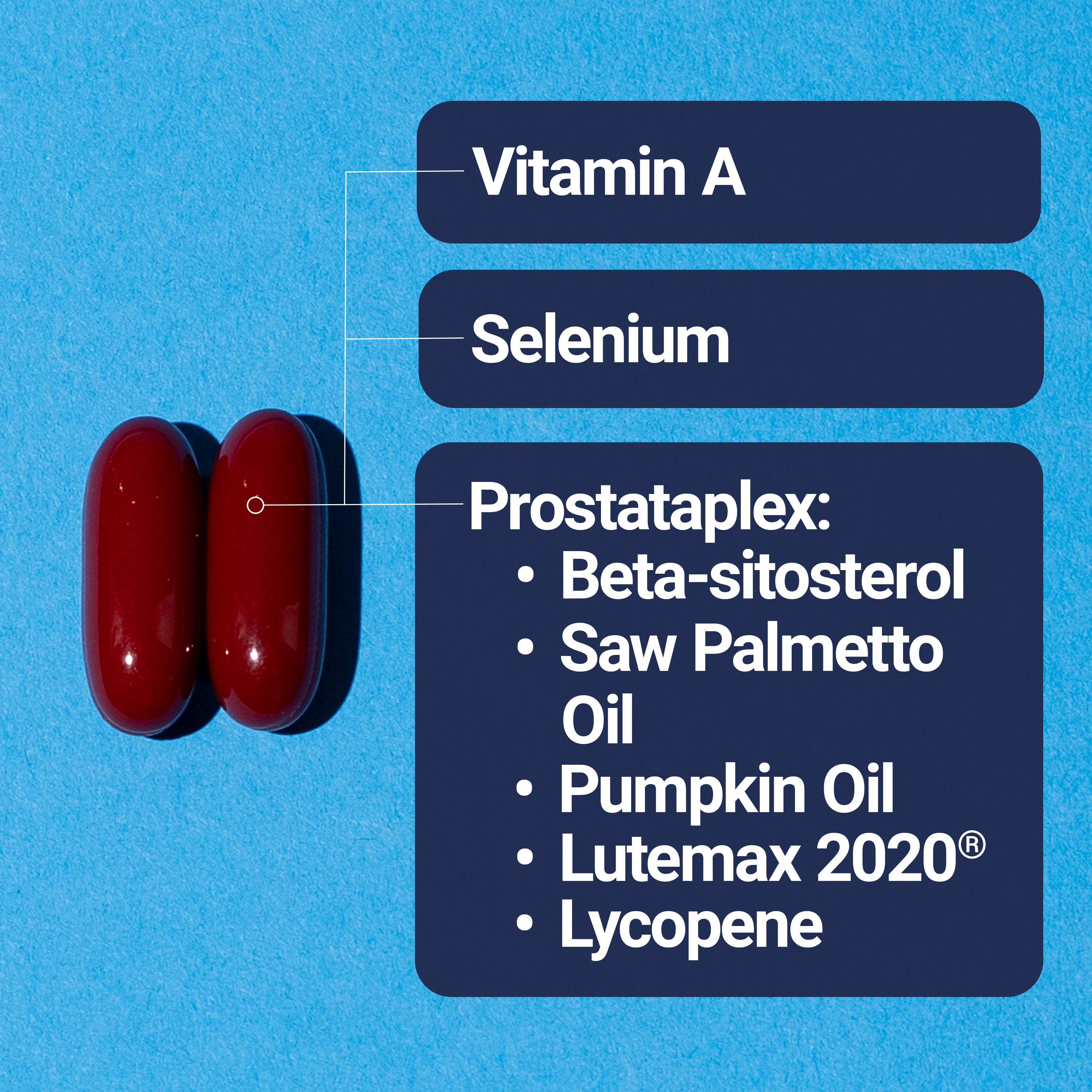 Two red capsules next to a list of ingredients on a blue background