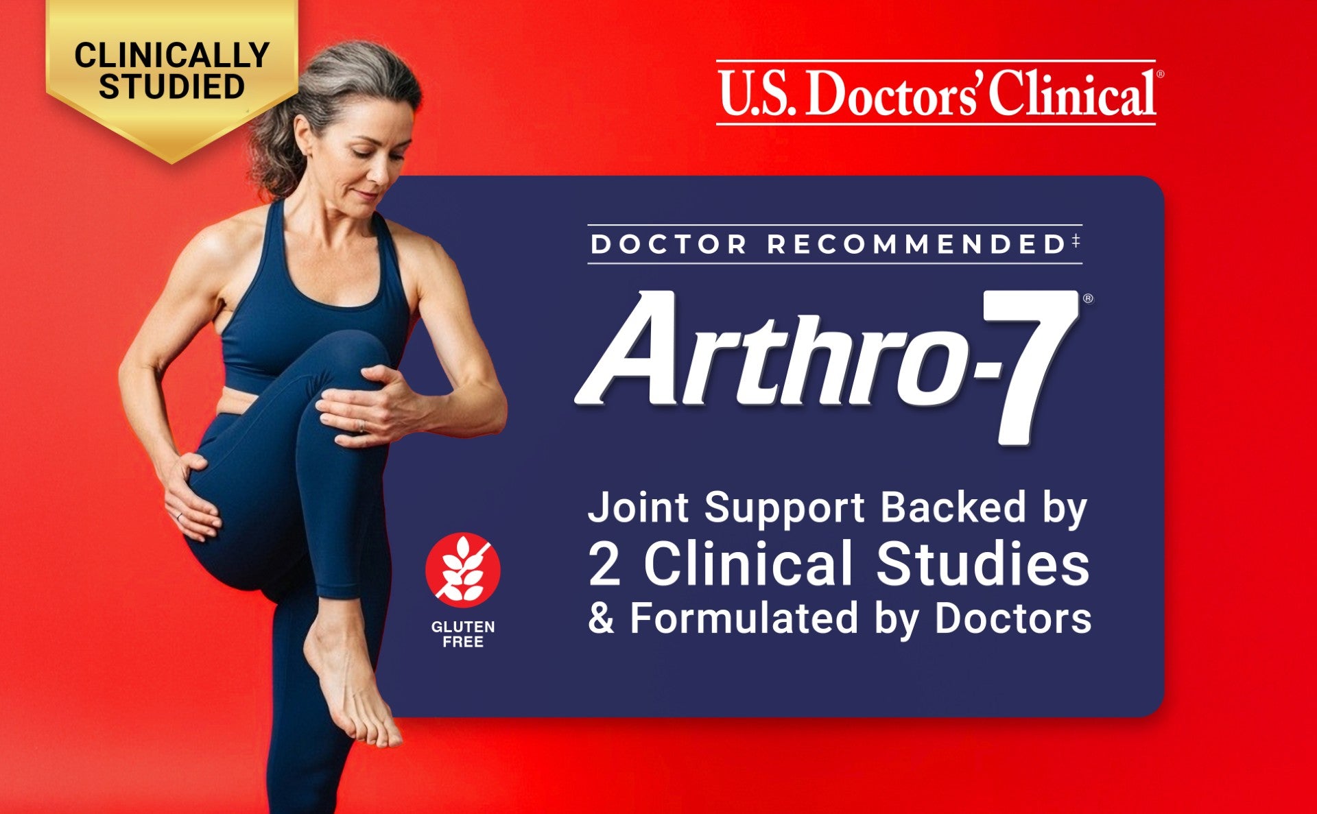 Advertisement banner for U.S. Doctors' Clinical Arthro-7 joint support supplement, featuring a woman doing yoga on a red background next to text stating it is doctor recommended and backed by two clinical studies.