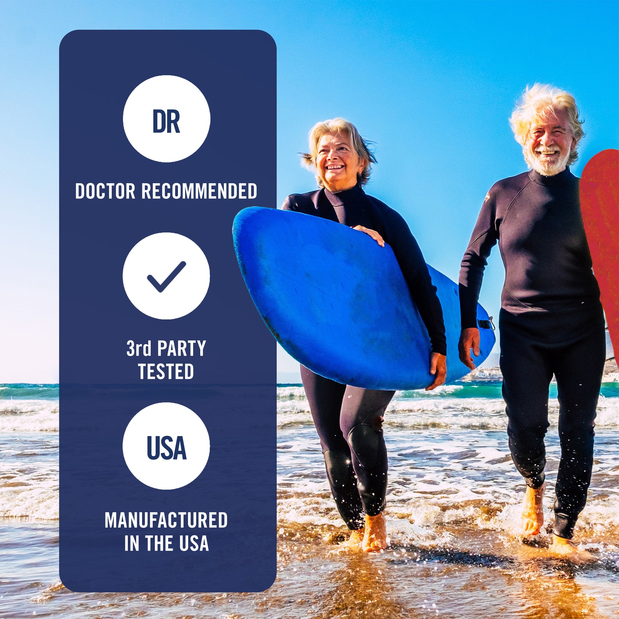 Image of a man and woman holding surfboards on a beach with text saying U.S. Doctors' Clinical Arthro8 is doctor recommended, 3rd party tested, and manufactured in the USA.