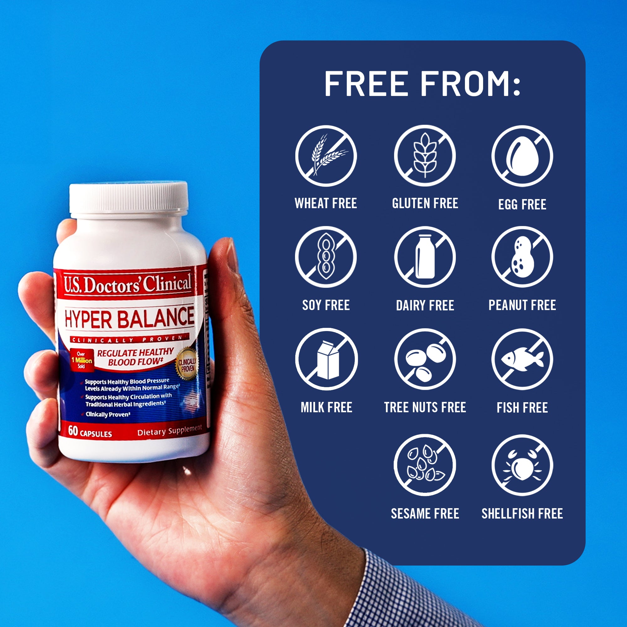 Hand holding a supplement bottle with a list of free-from certifications on a blue background