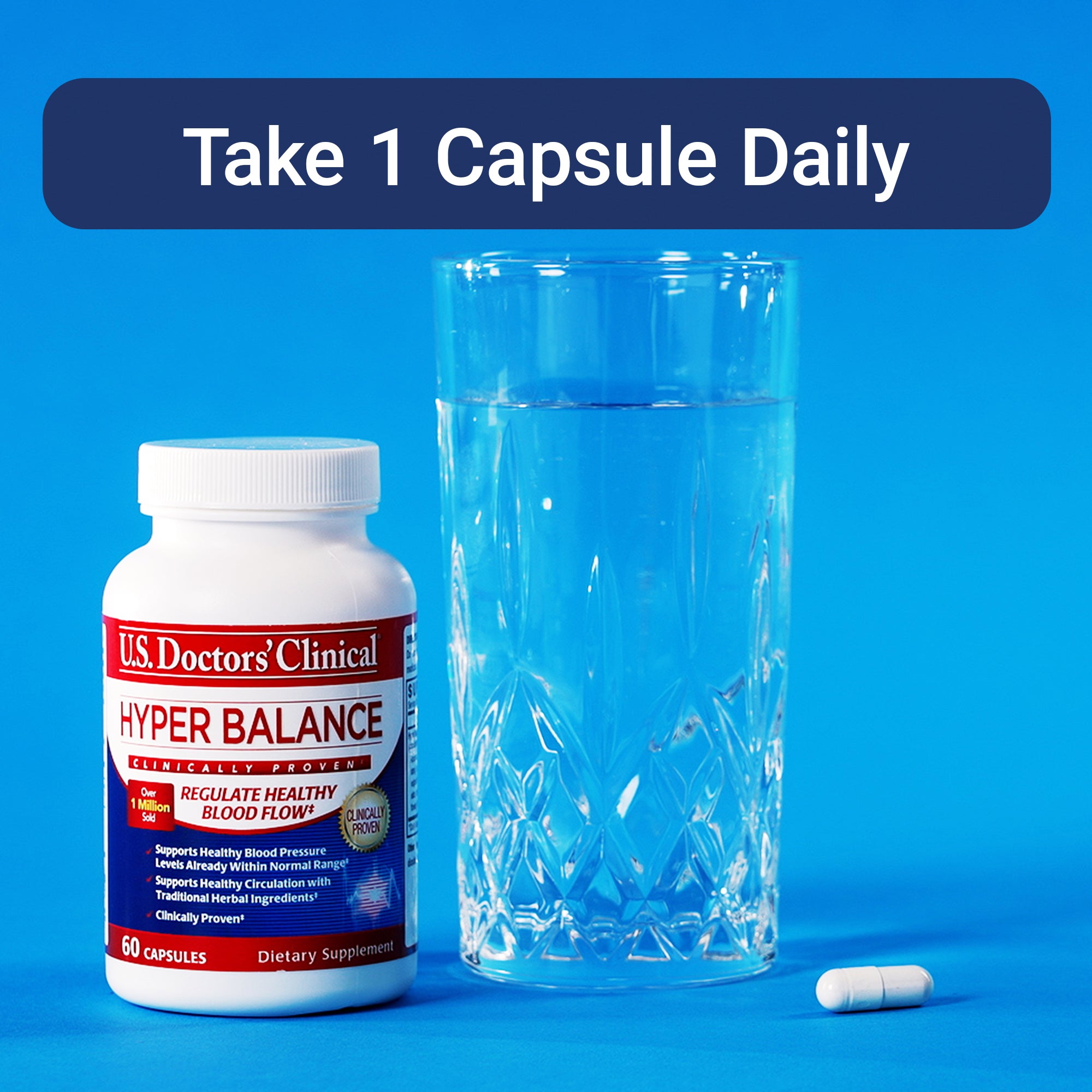 Supplement bottle labeled 'Hyper Balance' with a glass of water and a capsule on a blue background.