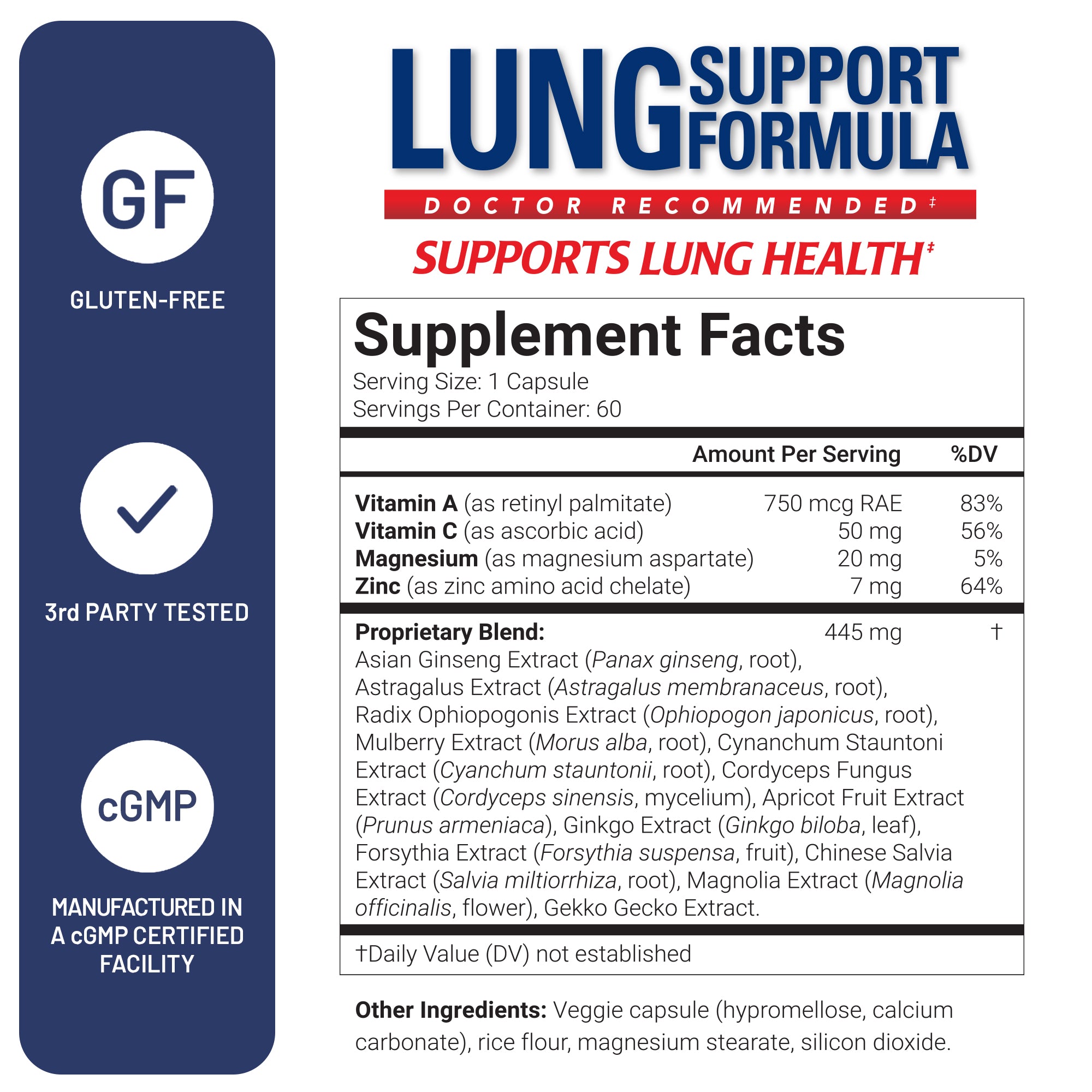 Lung support supplement label with various certifications and ingredient list on a white background