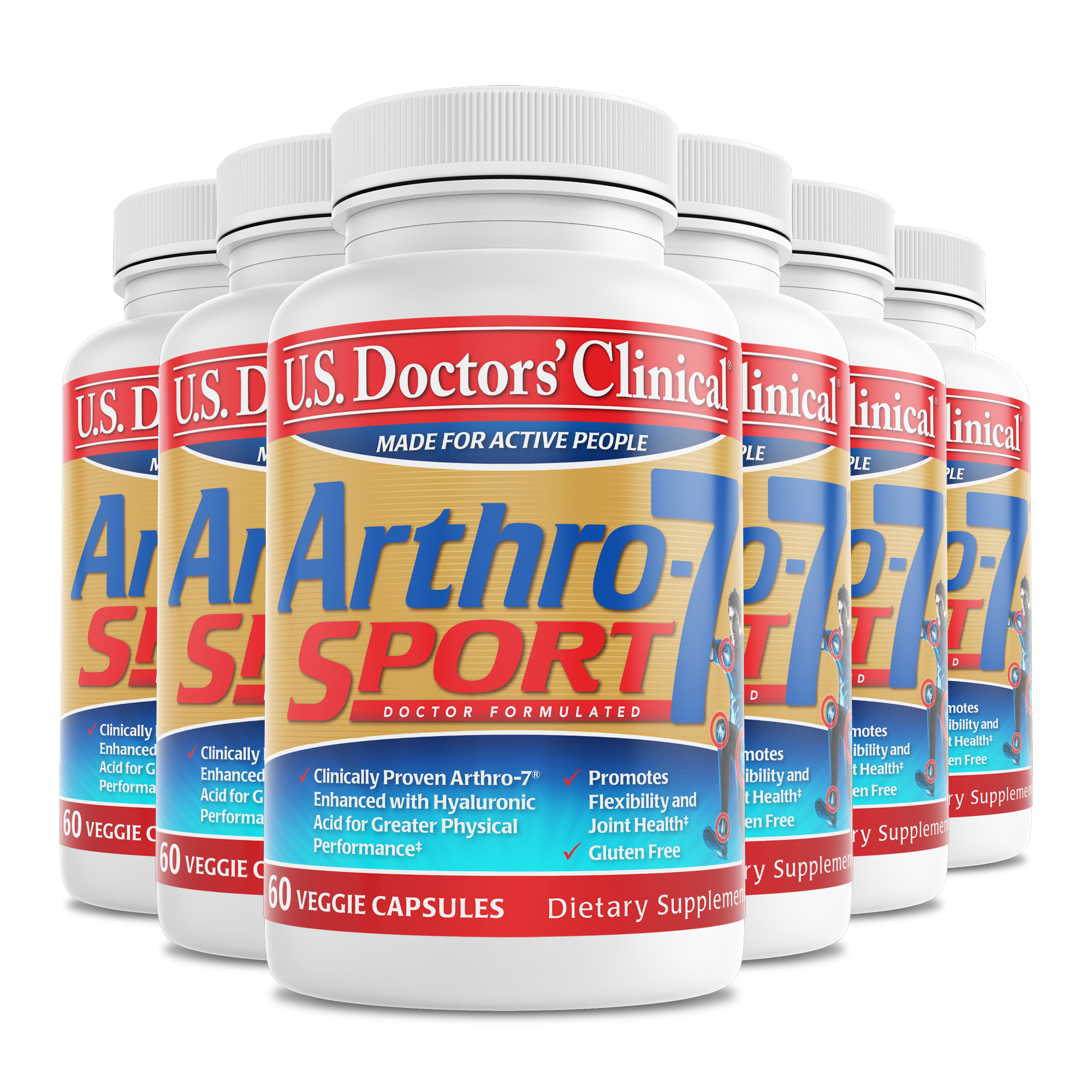 A pack of six Arthro-7 Sport veggie capsules, with the label indicating that they are made for active people, featuring joint support formula with hyaluronic acid, vitamin E, and other nutrients.